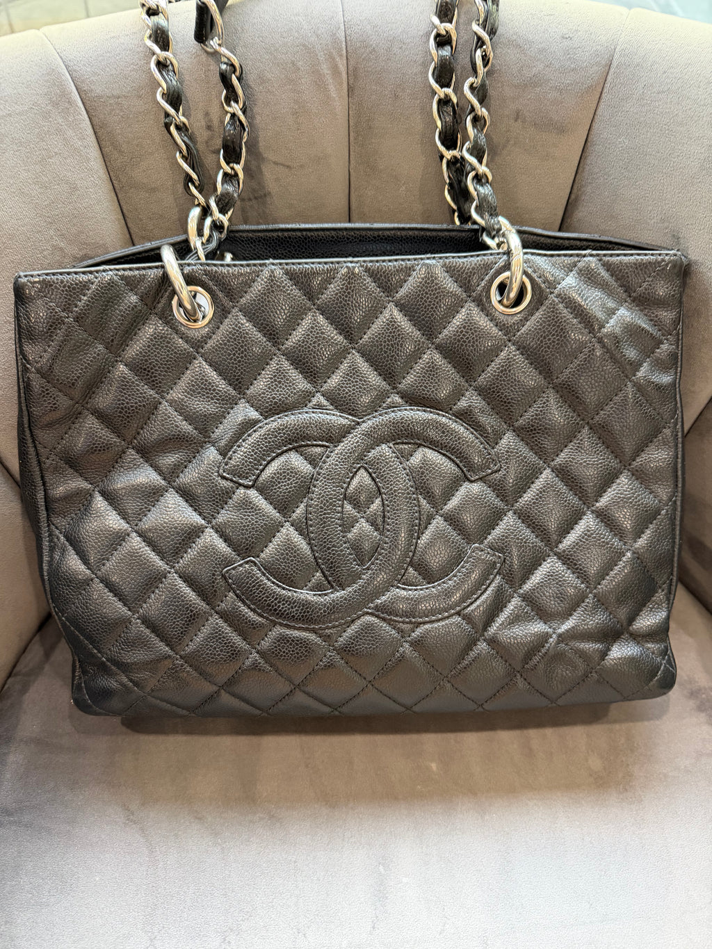 CHANEL Quilted Grand Shopping Tote bag work bag silver black