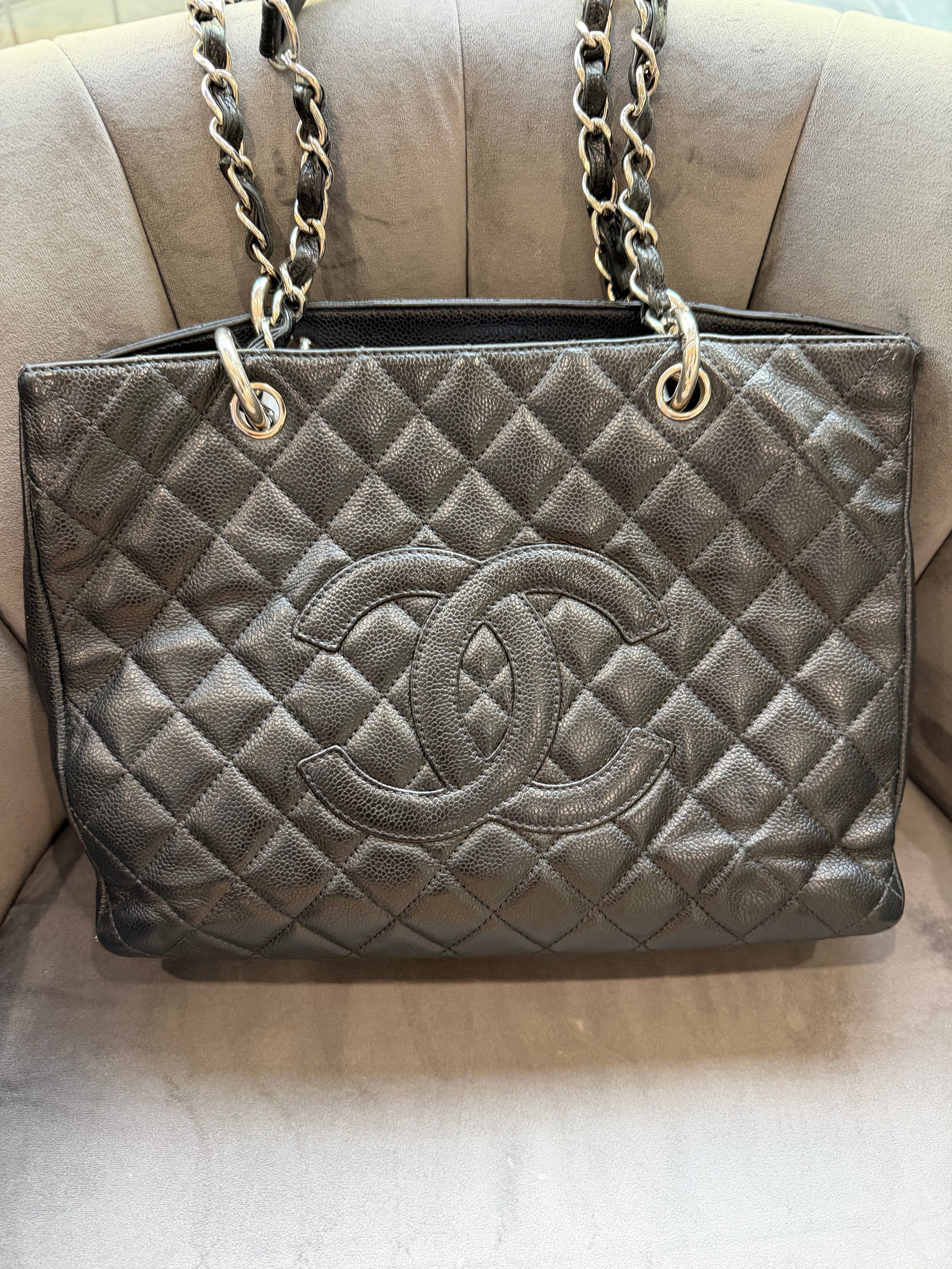CHANEL Quilted Grand Shopping Tote bag work bag silver black