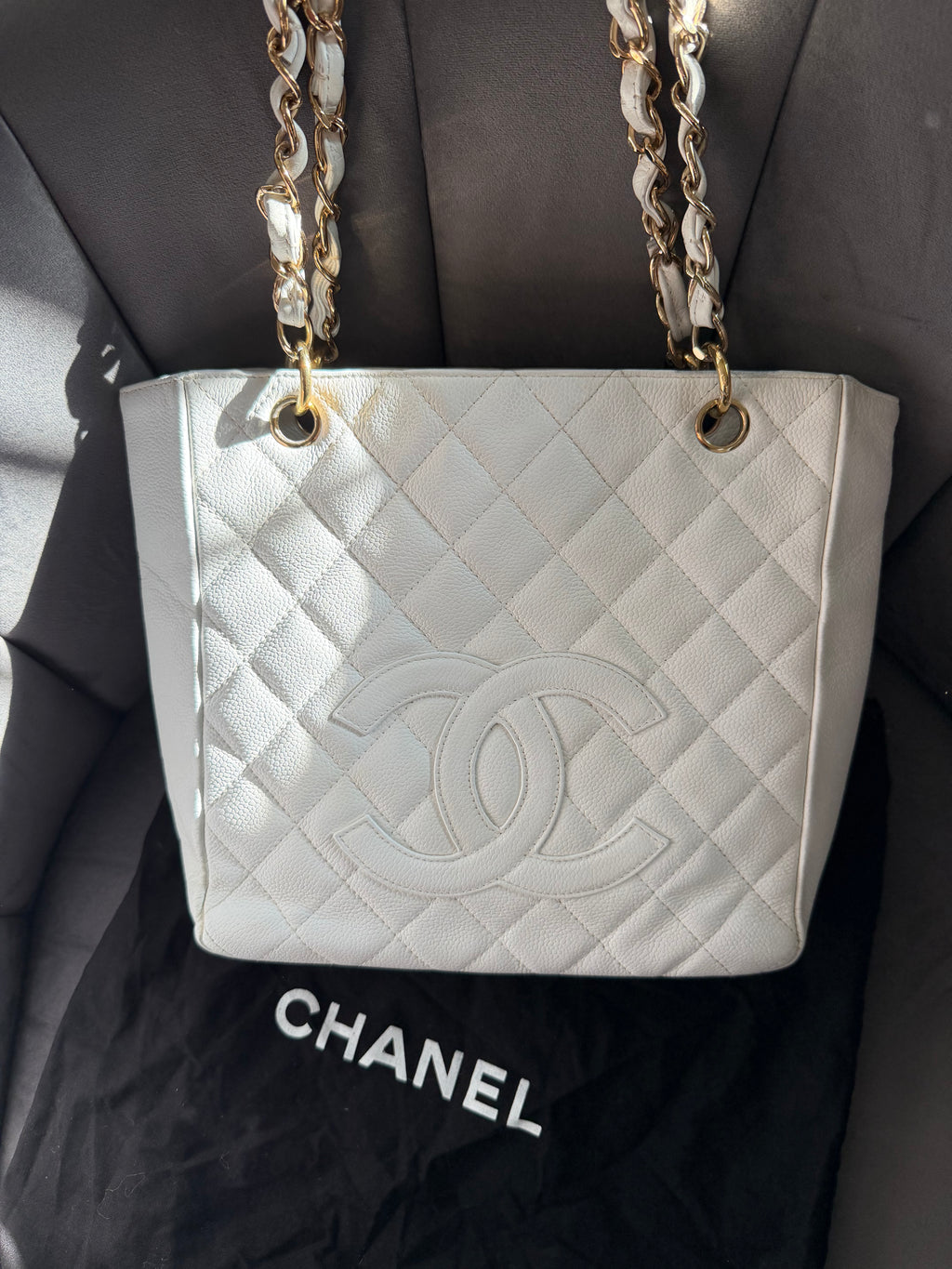 CHANEL Vintage Ivory Caviar Quilted Petite Shopping Tote PST