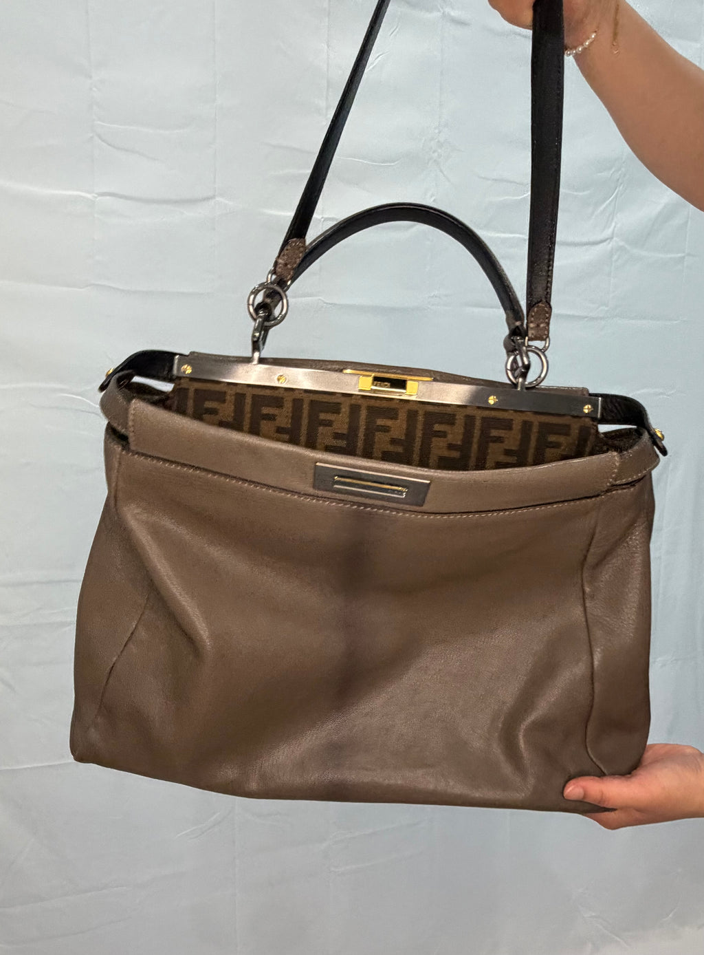 Fendi Peekaboo Shoulder Bag Medium Gray Leather FF Zucca Interior Gold Hardware