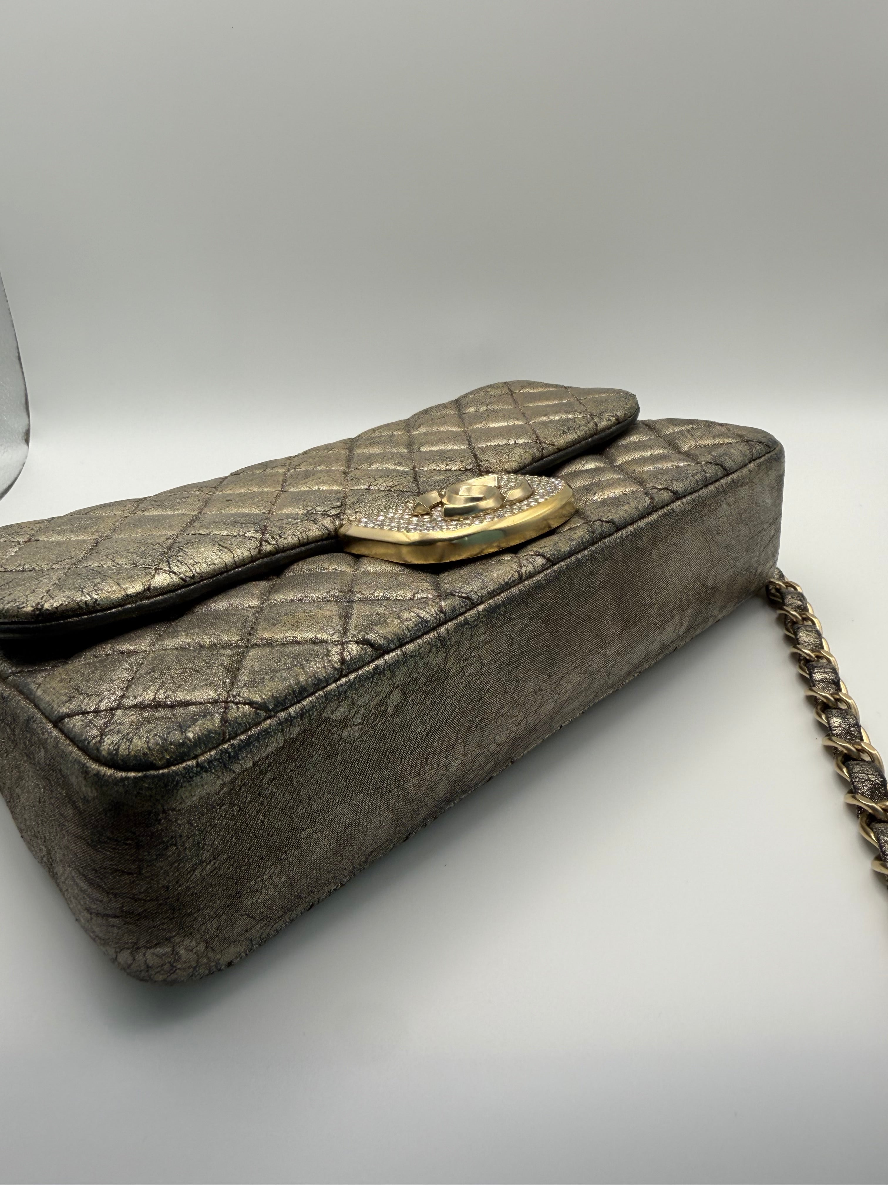 CHANEL Metallic Iridescent Gold Small Single Flap Shouler Bag Crystal CC Lock