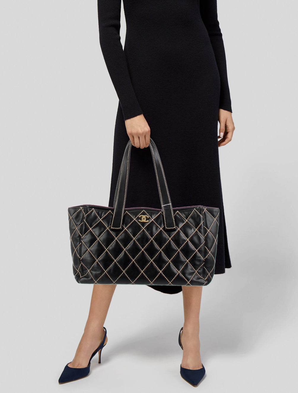 Vintage Chanel Shopper Tote Black Quilted with Gold Accent