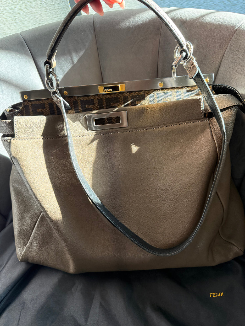 Fendi Peekaboo Shoulder Bag Medium Gray Leather FF Zucca Interior Gold Hardware