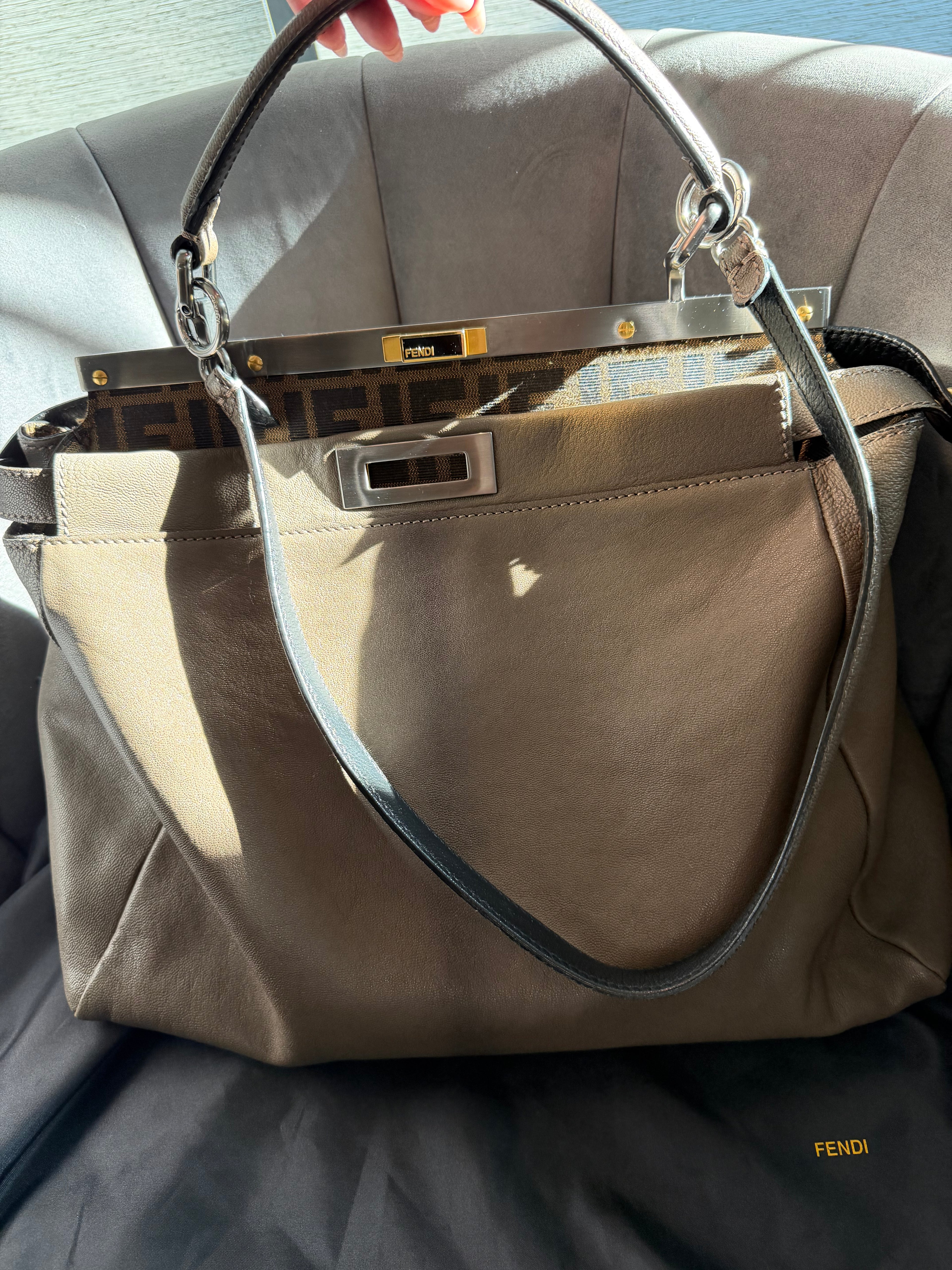 Fendi Peekaboo Shoulder Bag Medium Gray Leather FF Zucca Interior Gold Hardware
