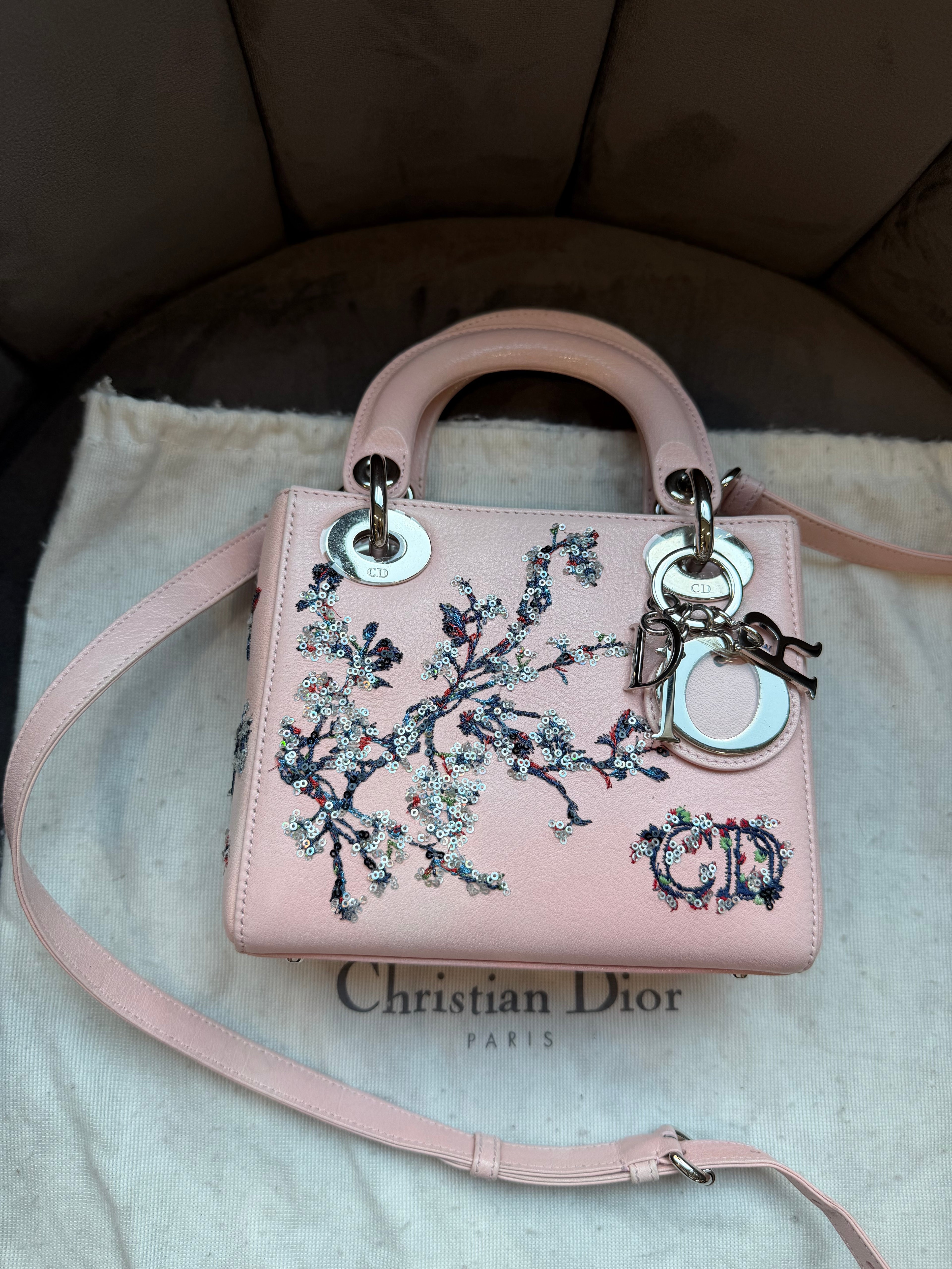 Christian Dior Lady Dior Pink Embroidered Sequin Floral Limited Edition Bag