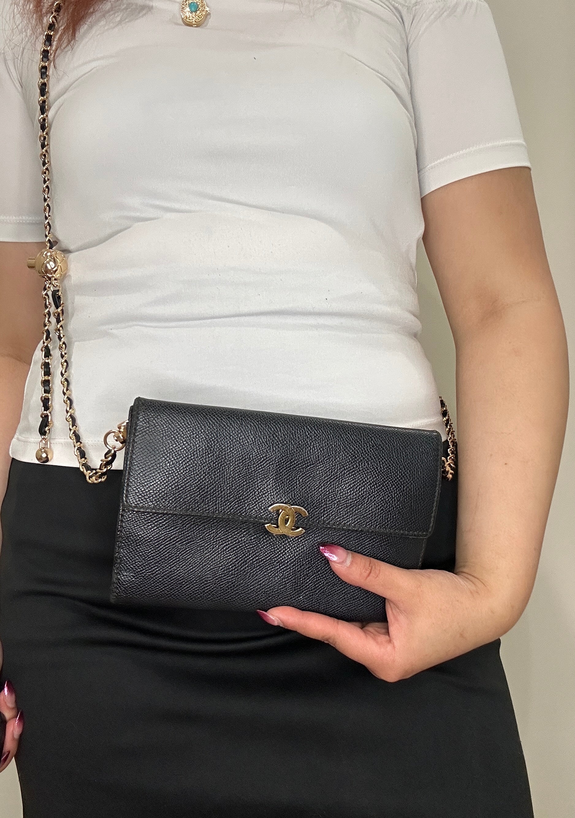 Chanel caviar black wallet on chain