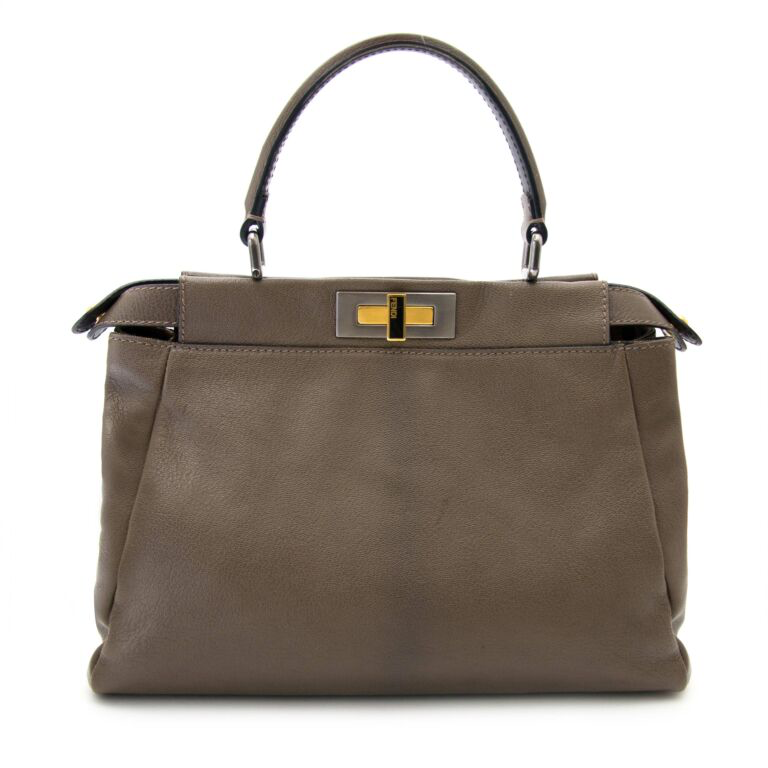Fendi Peekaboo Shoulder Bag Medium Gray Leather FF Zucca Interior Gold Hardware