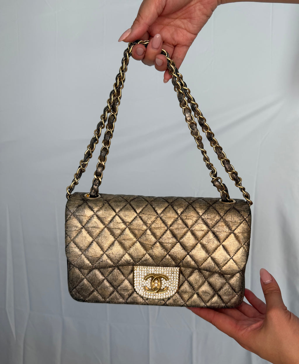 CHANEL Metallic Iridescent Gold Small Single Flap Shouler Bag Crystal CC Lock