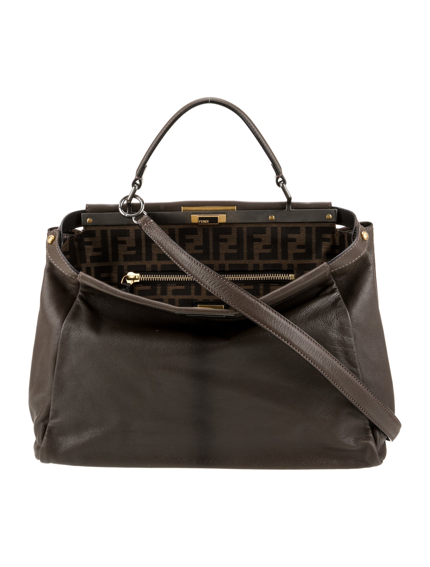Fendi Peekaboo Shoulder Bag Medium Gray Leather FF Zucca Interior Gold Hardware
