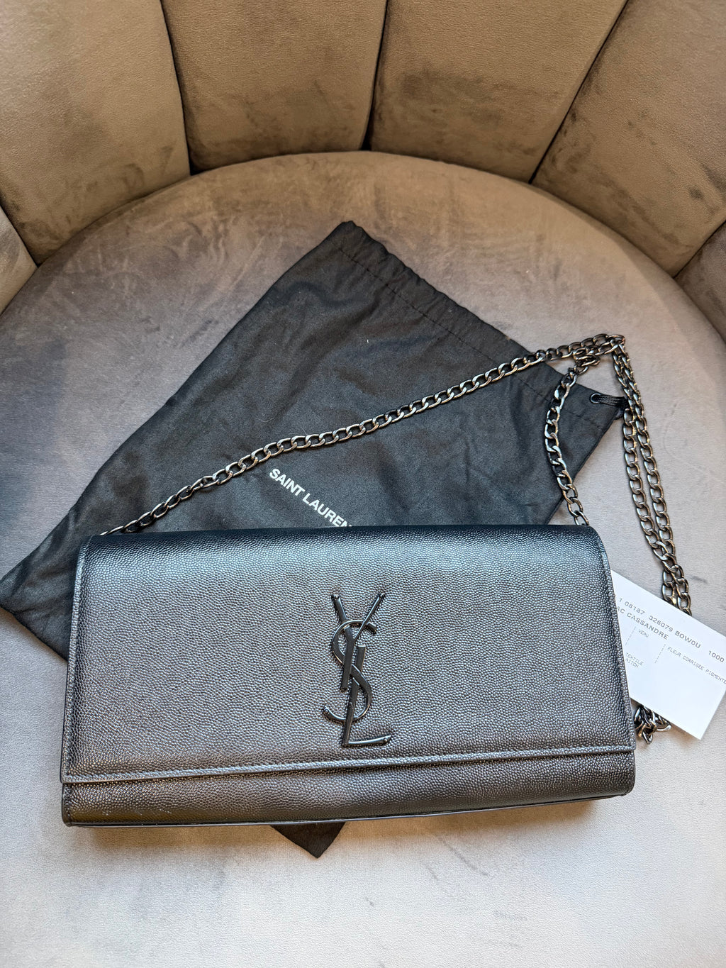 SAINT LAURENT Grain De Poudre Medium Clutch Classic Monogram Kate Satchel Black