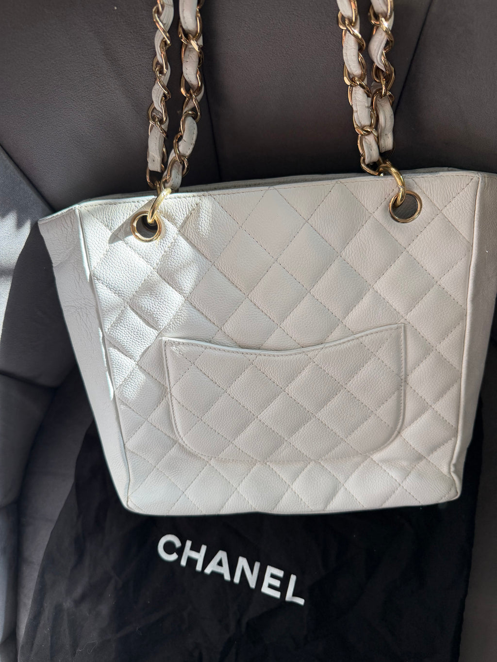 CHANEL Vintage Ivory Caviar Quilted Petite Shopping Tote PST
