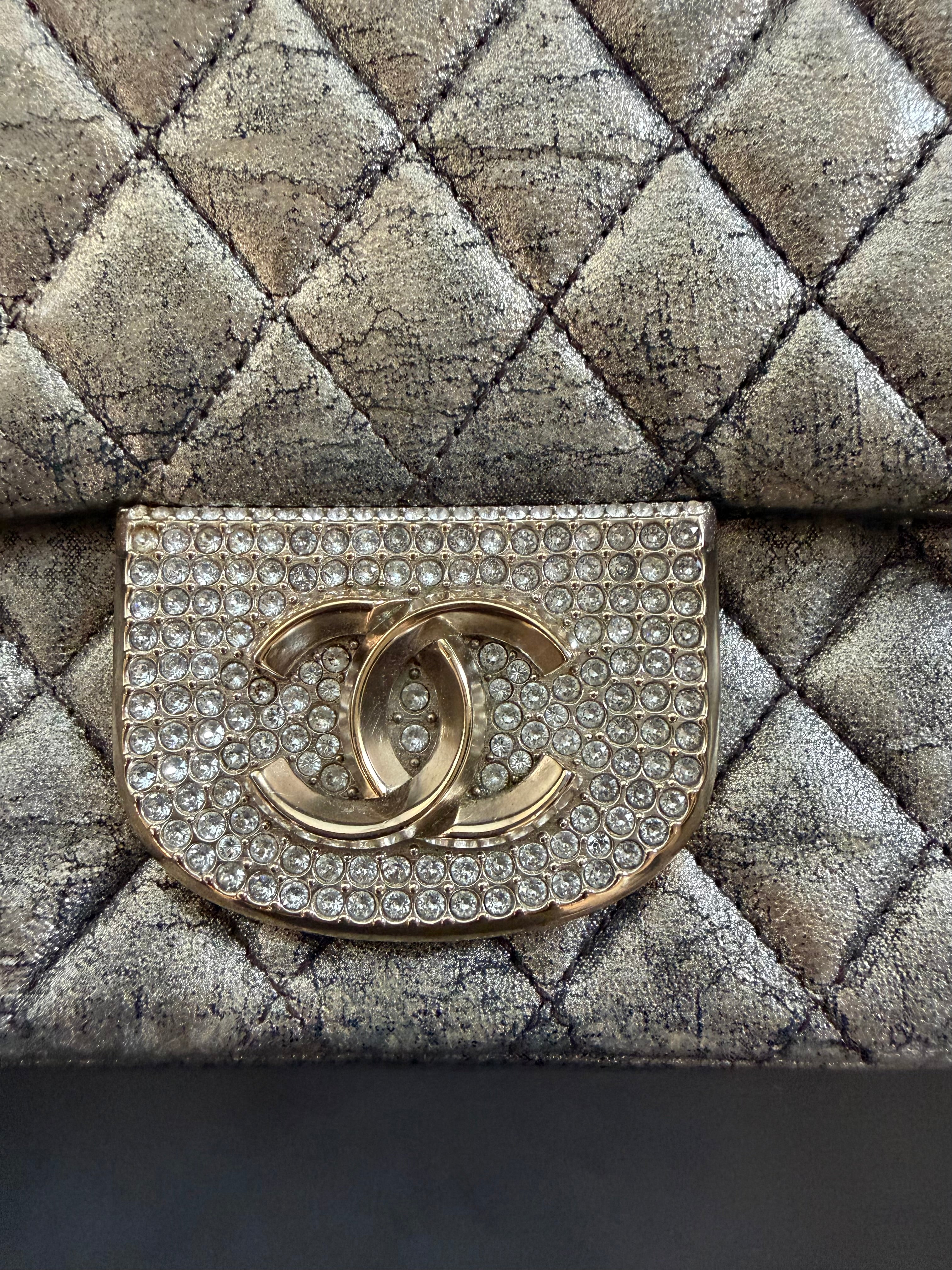 CHANEL Metallic Iridescent Gold Small Single Flap Shouler Bag Crystal CC Lock