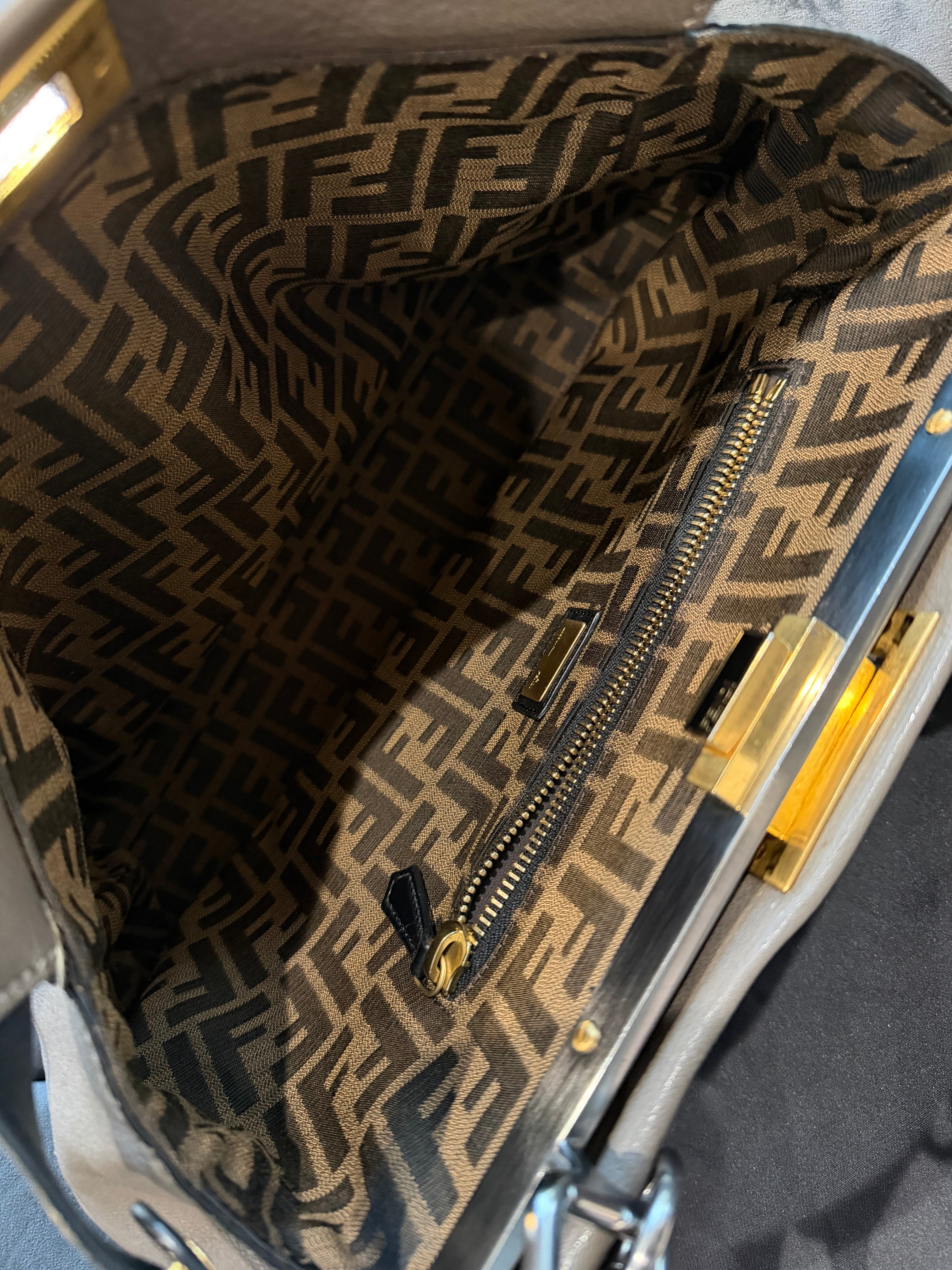 Fendi Peekaboo Shoulder Bag Medium Gray Leather FF Zucca Interior Gold Hardware