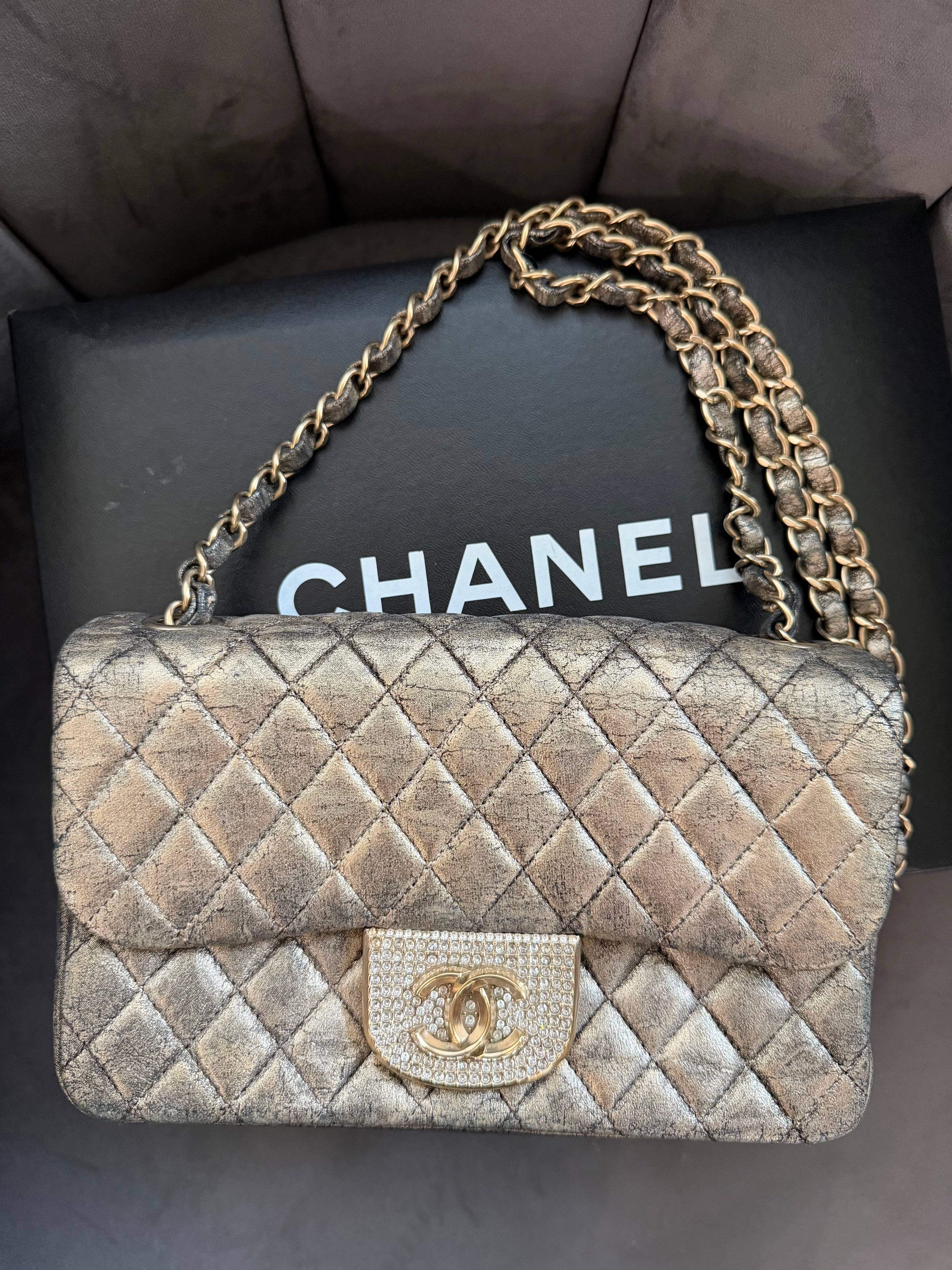 CHANEL Metallic Iridescent Gold Small Single Flap Shouler Bag Crystal CC Lock