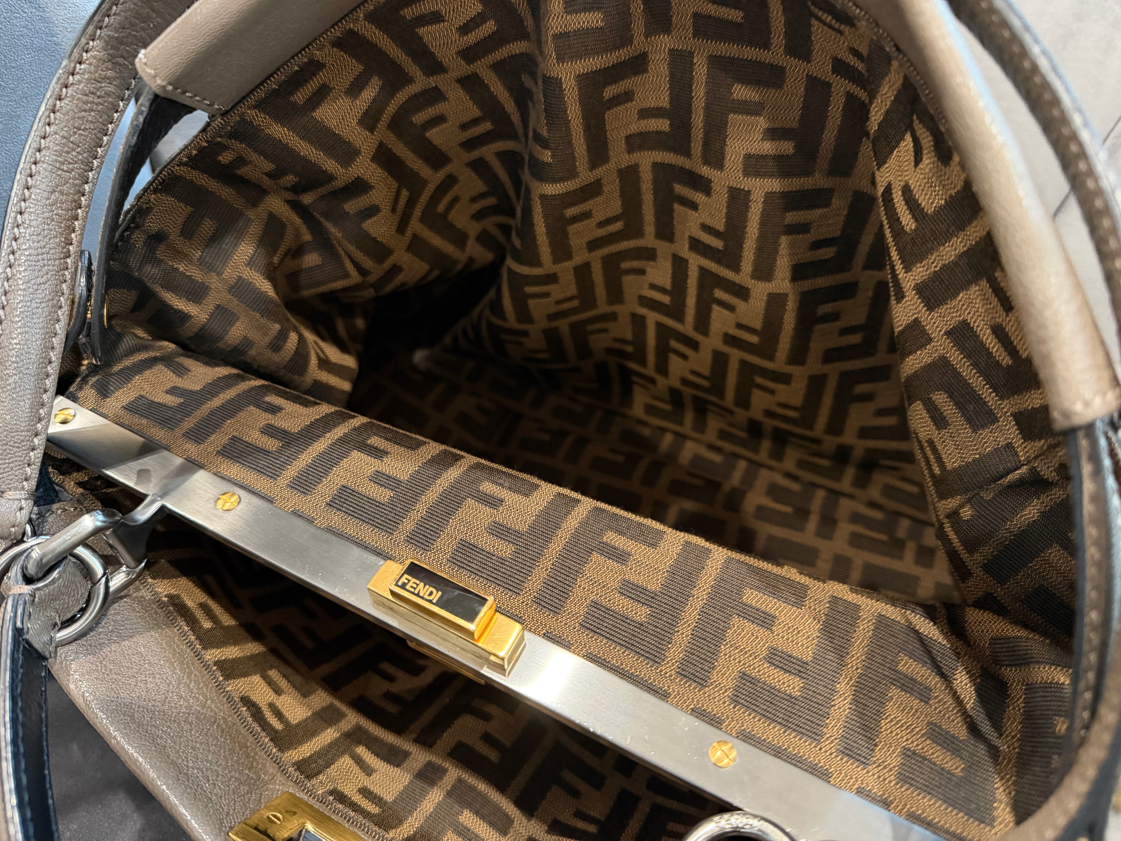 Fendi Peekaboo Shoulder Bag Medium Gray Leather FF Zucca Interior Gold Hardware