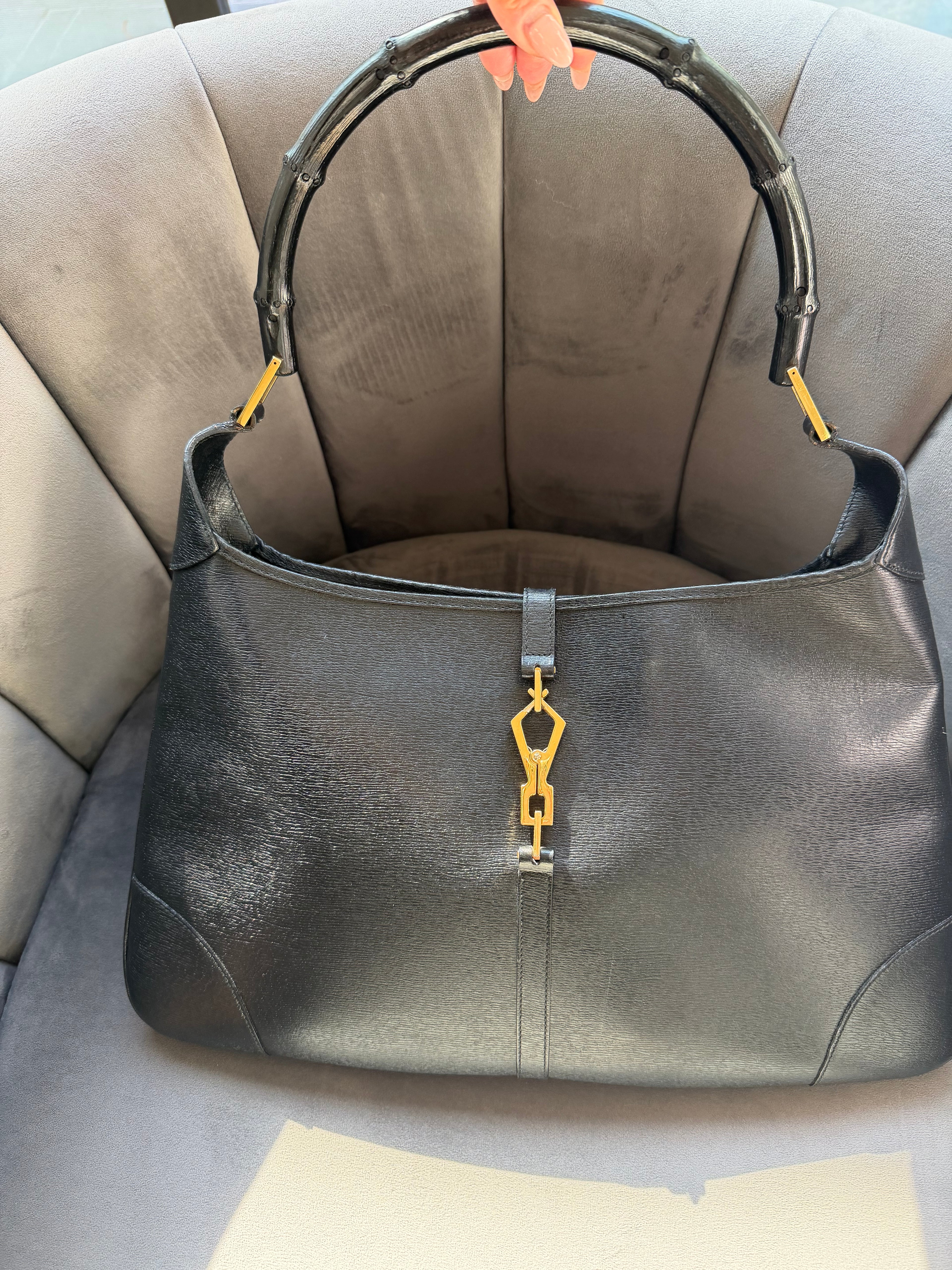 Gucci Jackie Hobo Bag Black Leather Gold Hardware Shoulder Bag