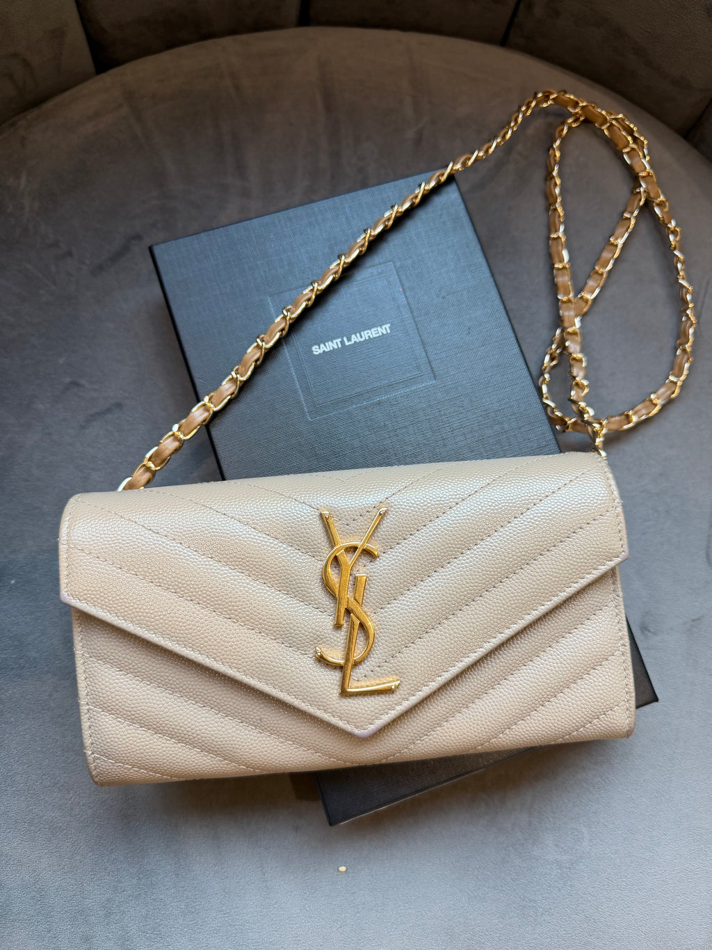 Yves Saint Laurent beige cassandre envelope flap wallet on chain
