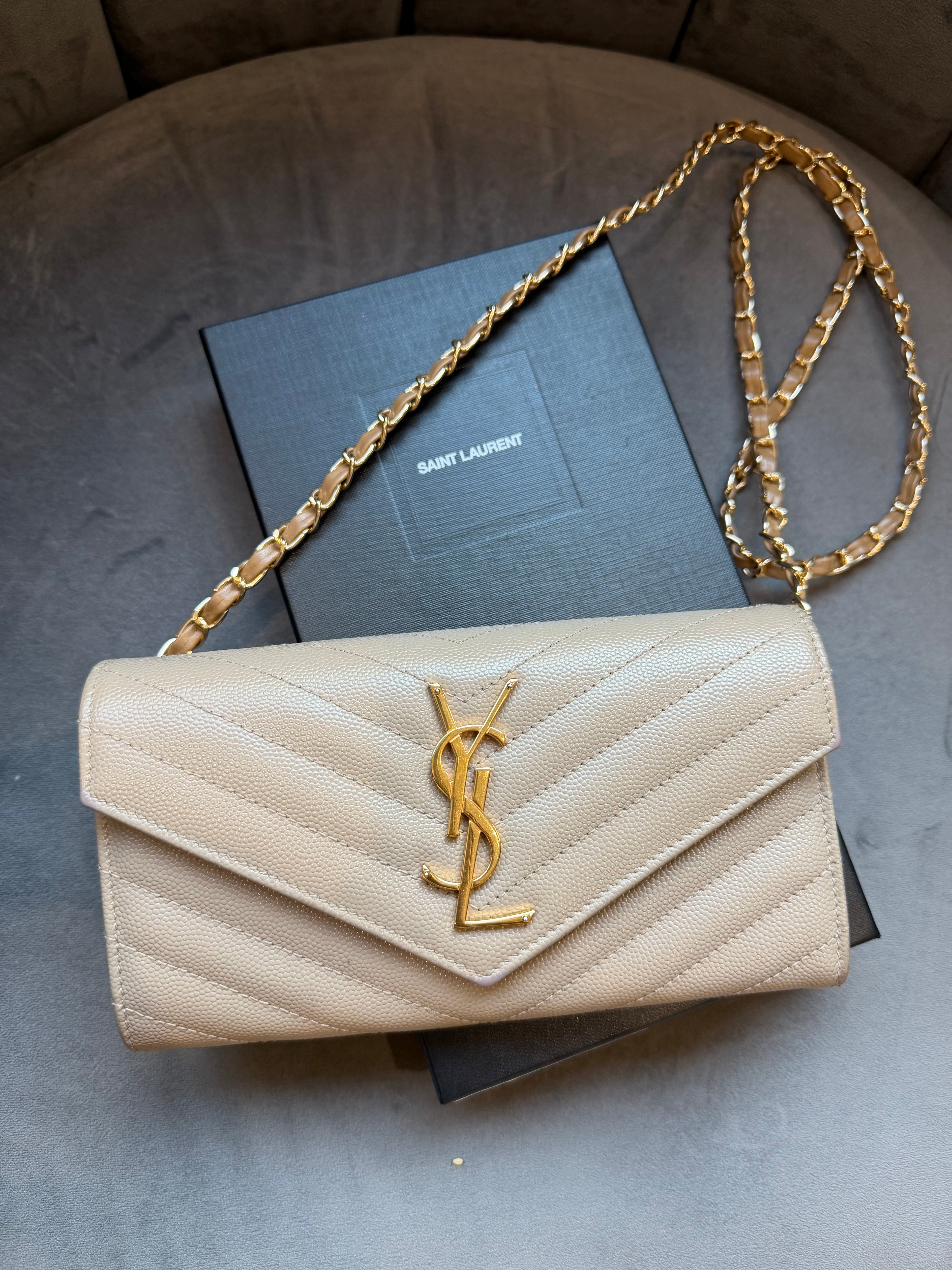Yves Saint Laurent beige cassandre envelope flap wallet on chain
