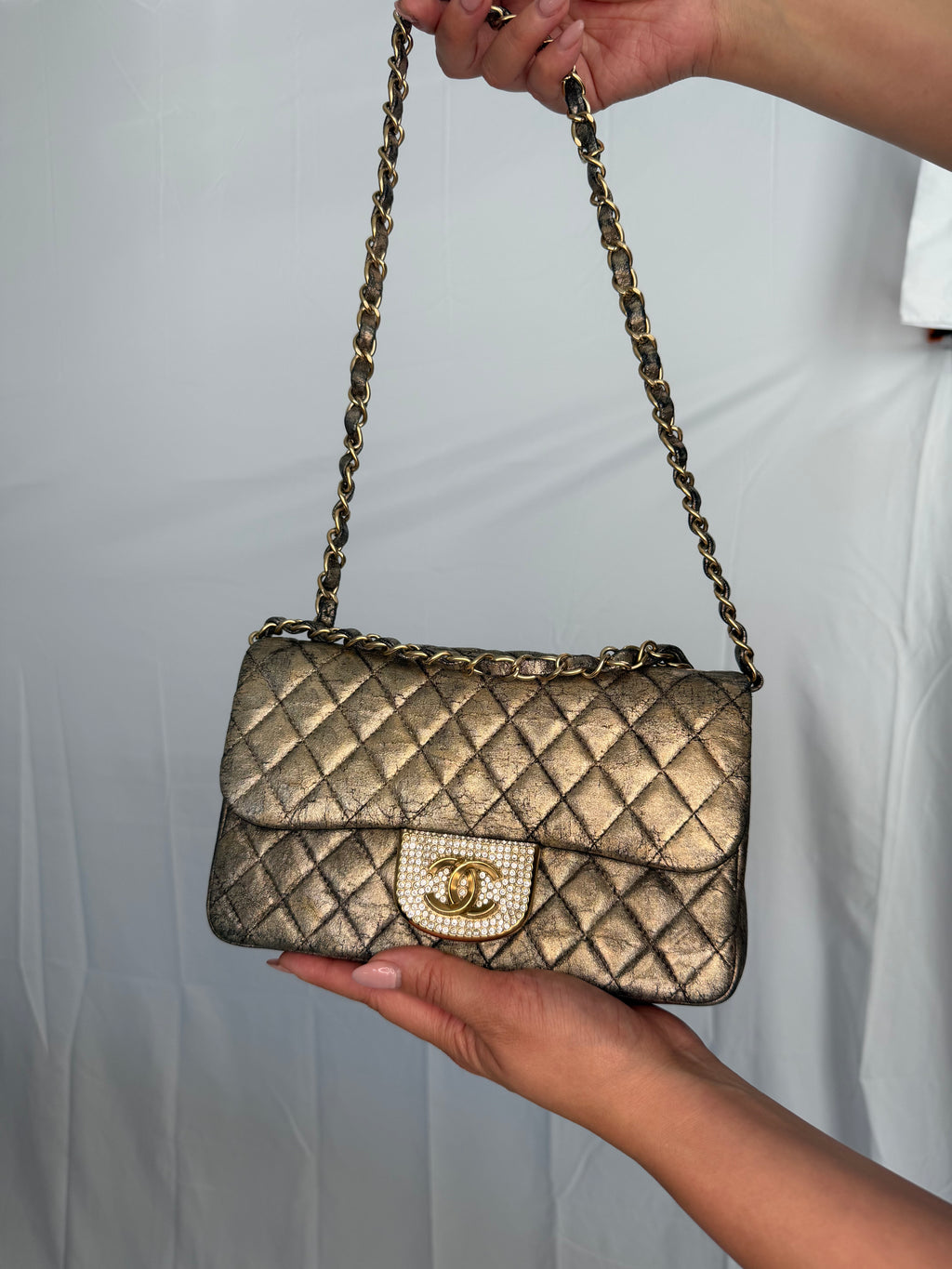 CHANEL Metallic Iridescent Gold Small Single Flap Shouler Bag Crystal CC Lock