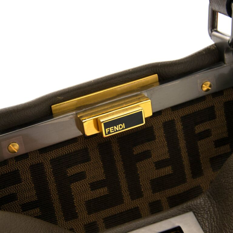 Fendi Peekaboo Shoulder Bag Medium Gray Leather FF Zucca Interior Gold Hardware