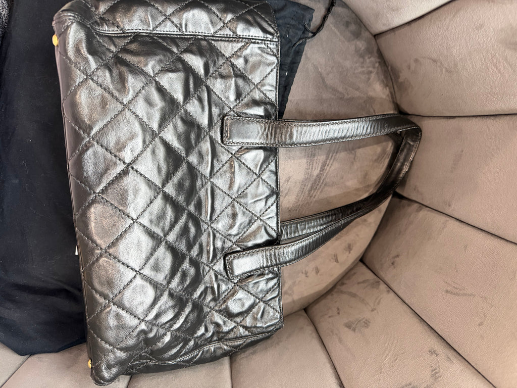 Vintage Chanel Shopper Tote Black Quilted with Gold Accent