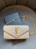 Yves Saint Laurent beige cassandre envelope flap wallet on chain