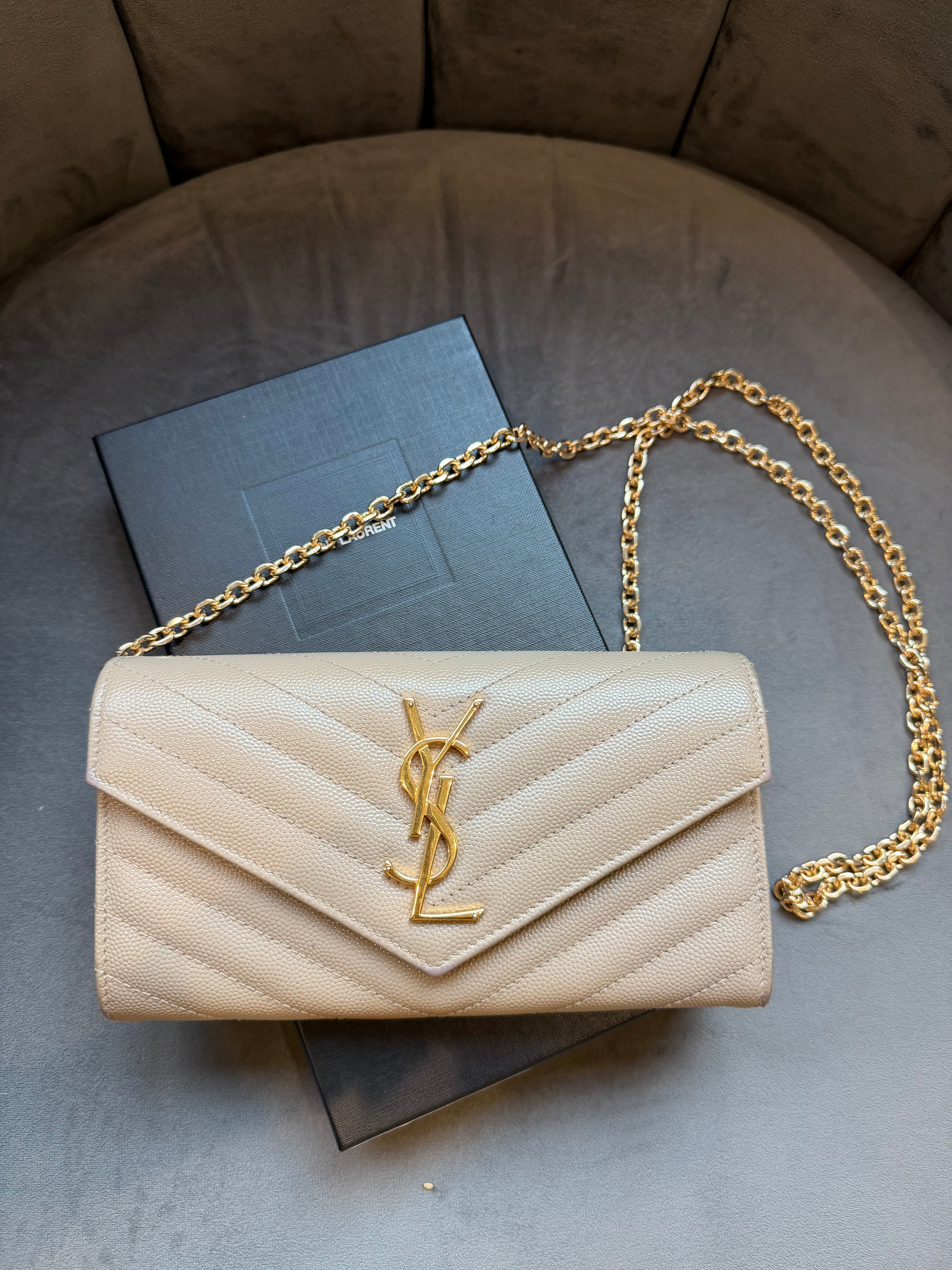 Yves Saint Laurent beige cassandre envelope flap wallet on chain
