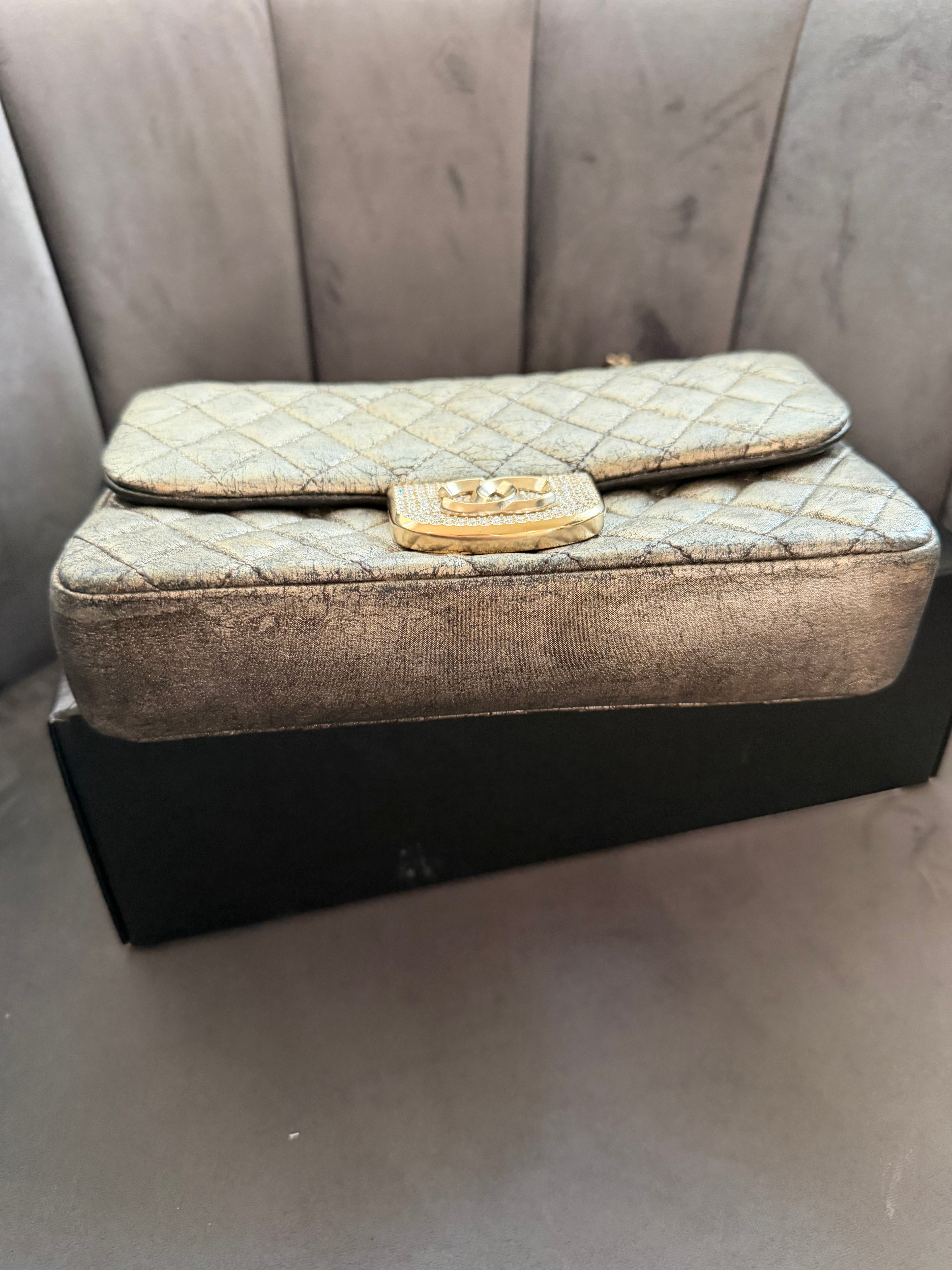 CHANEL Metallic Iridescent Gold Small Single Flap Shouler Bag Crystal CC Lock