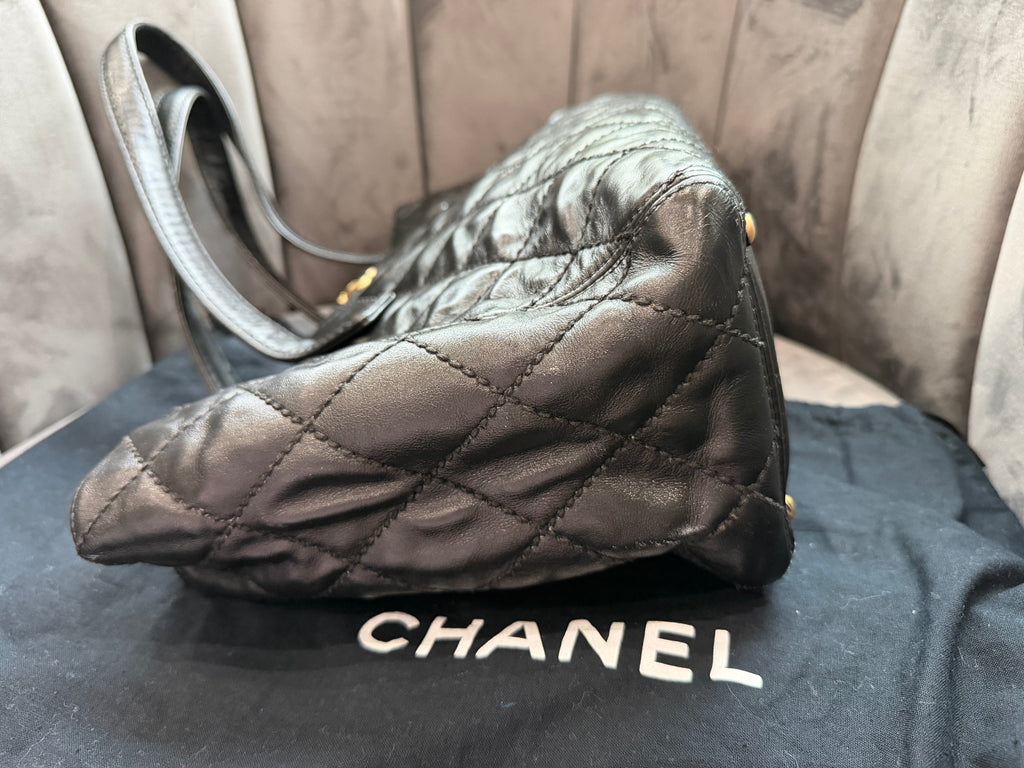 Vintage Chanel Shopper Tote Black Quilted with Gold Accent