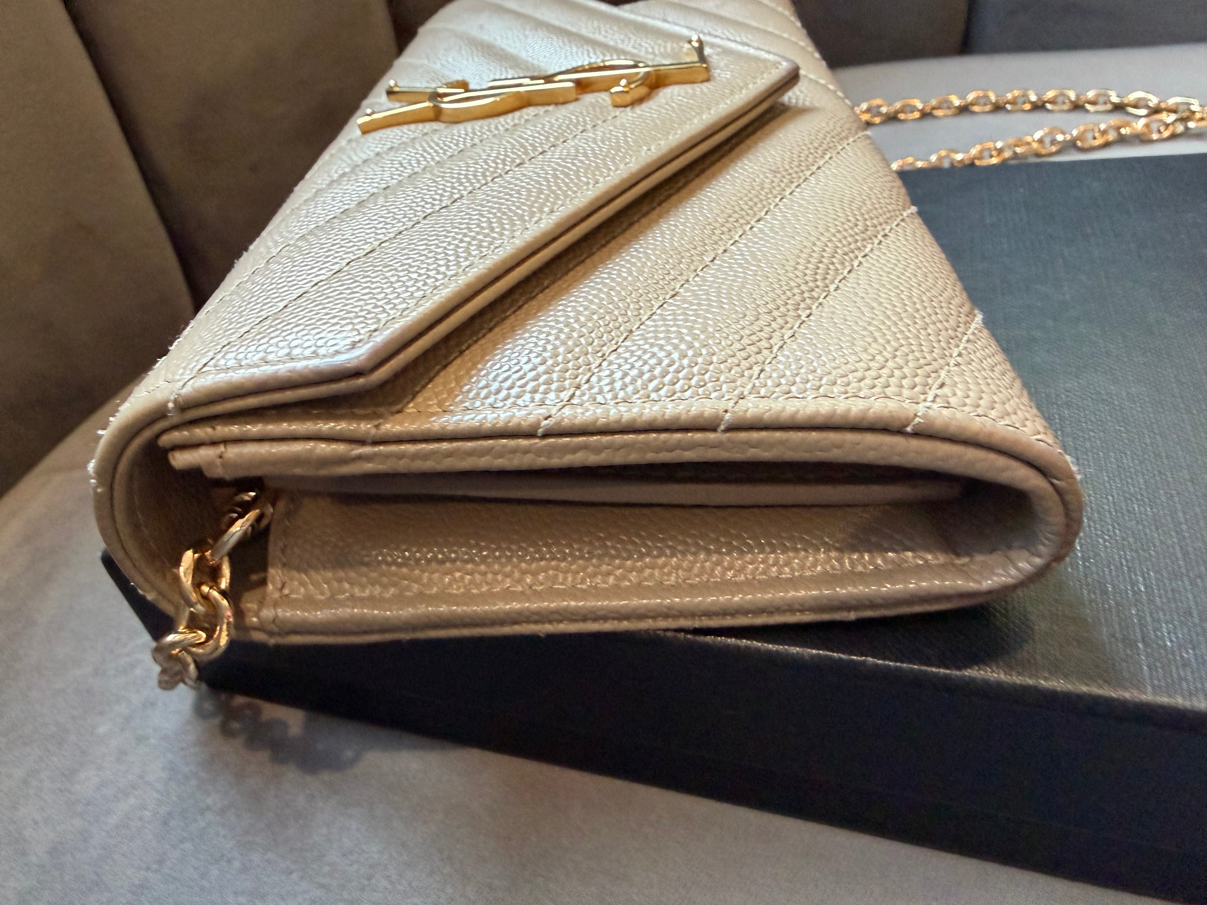Yves Saint Laurent beige cassandre envelope flap wallet on chain