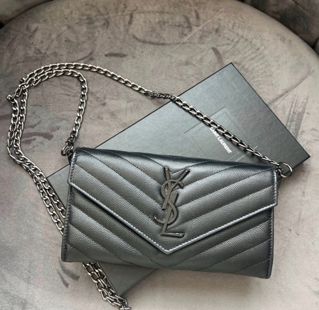 YSL Cassandre all black envelope flap wallet on chain