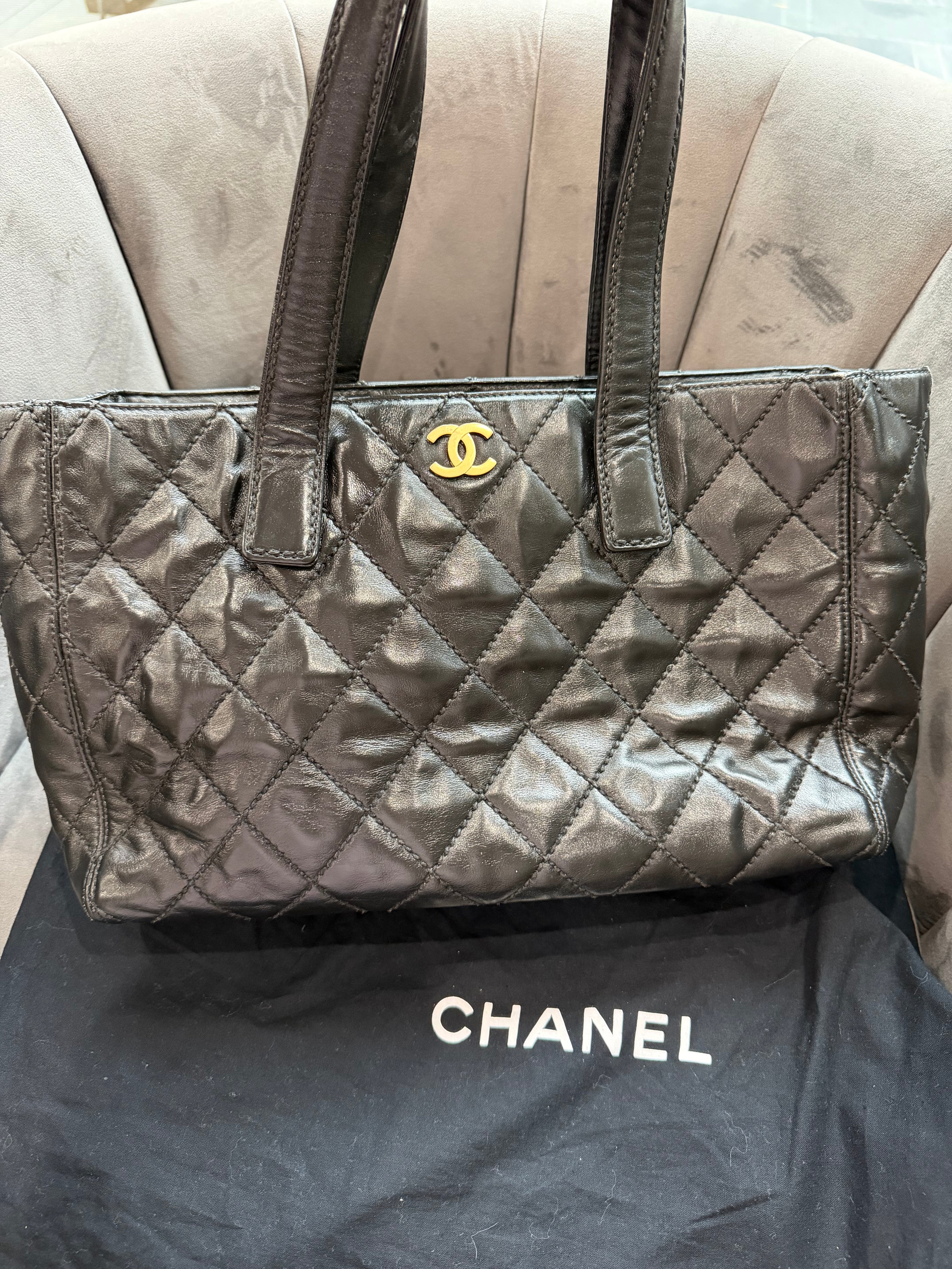 Vintage Chanel Shopper Tote Black Quilted with Gold Accent