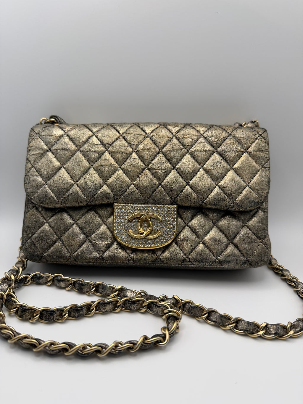 CHANEL Metallic Iridescent Gold Small Single Flap Shouler Bag Crystal CC Lock
