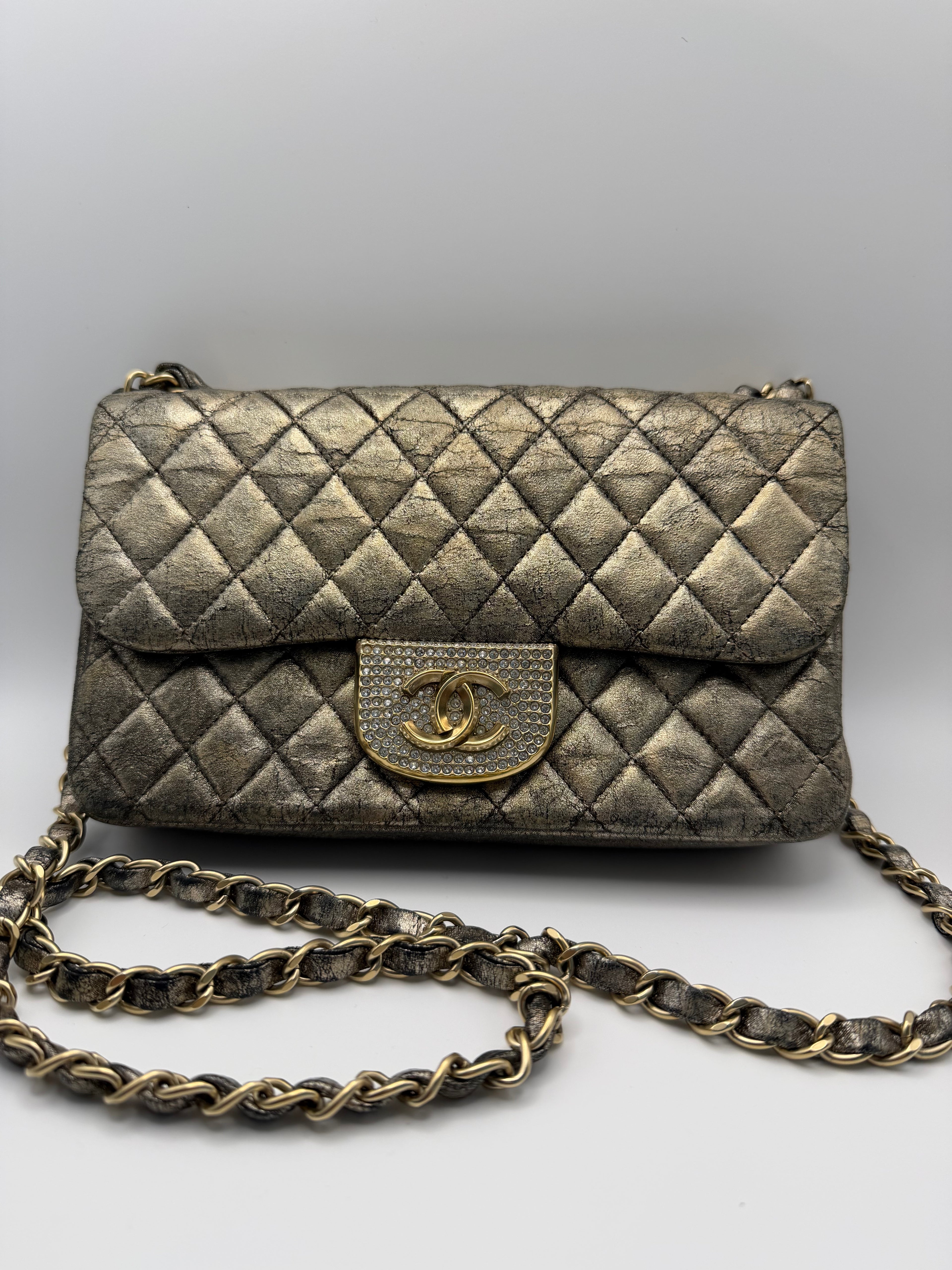 CHANEL Metallic Iridescent Gold Small Single Flap Shouler Bag Crystal CC Lock