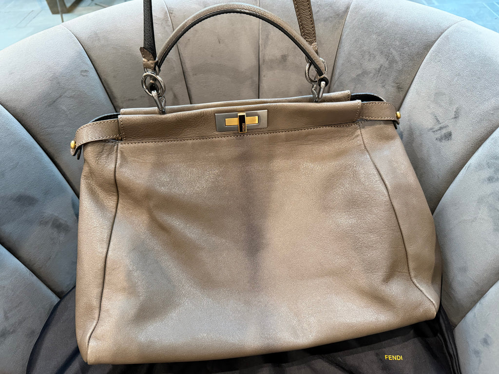 Fendi Peekaboo Shoulder Bag Medium Gray Leather FF Zucca Interior Gold Hardware