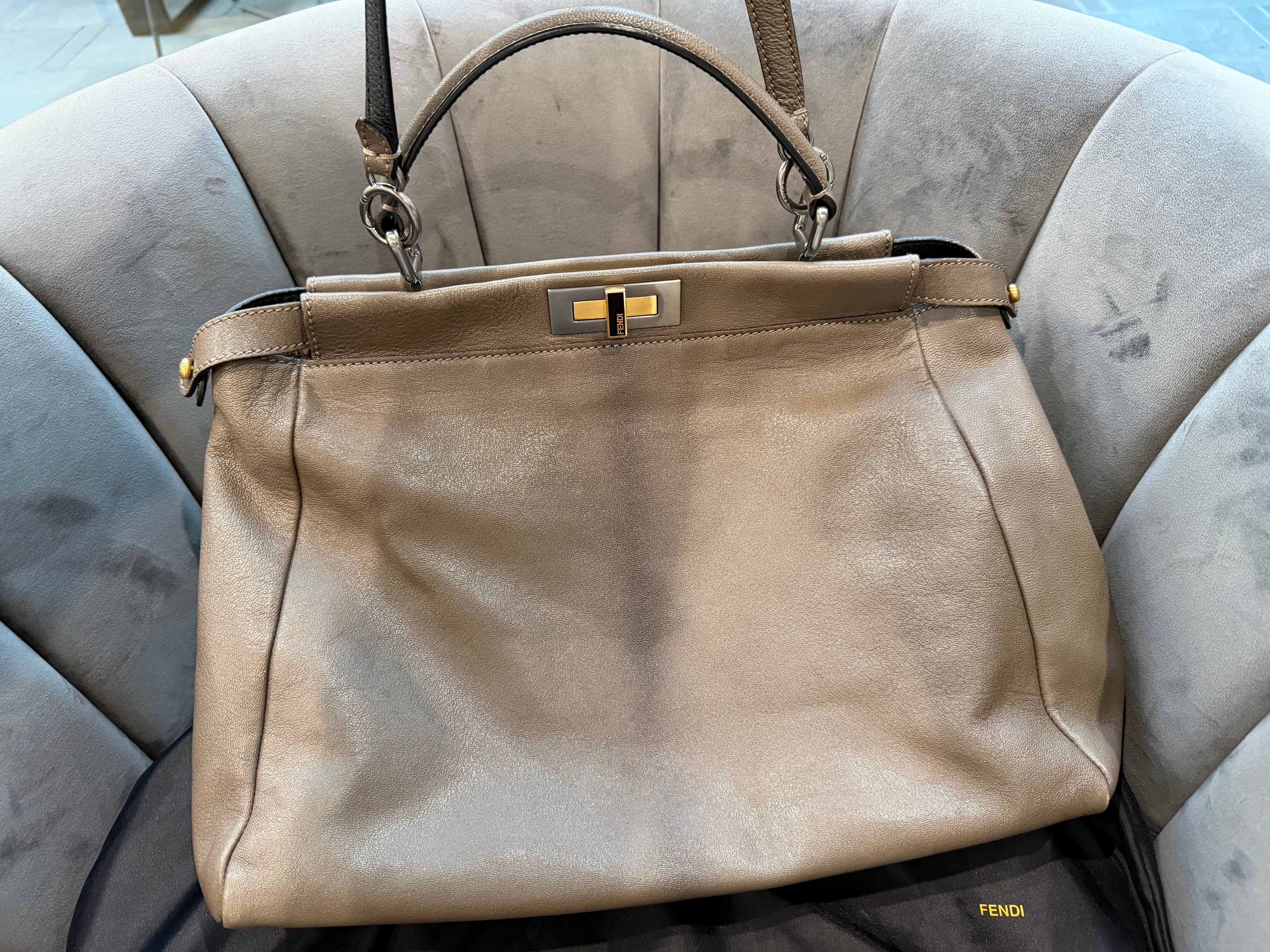 Fendi Peekaboo Shoulder Bag Medium Gray Leather FF Zucca Interior Gold Hardware