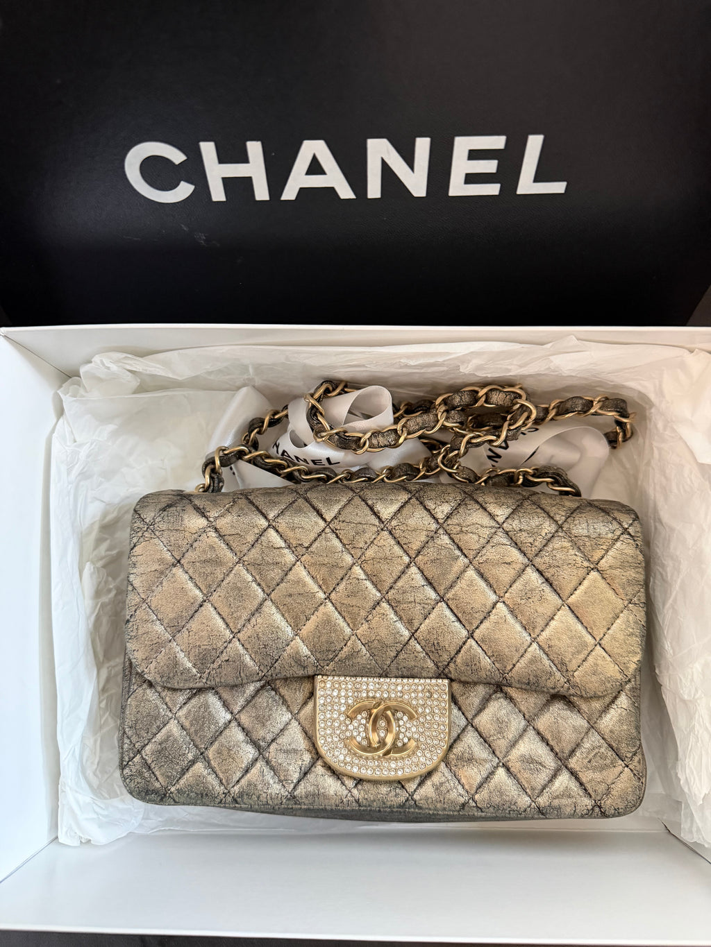 CHANEL Metallic Iridescent Gold Small Single Flap Shouler Bag Crystal CC Lock
