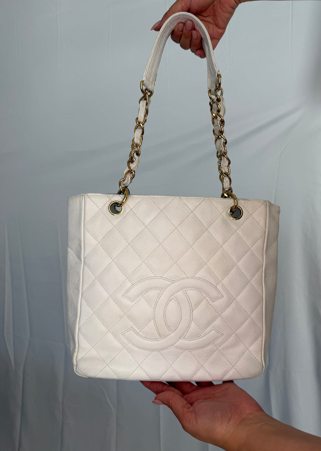 CHANEL Vintage Ivory Caviar Quilted Petite Shopping Tote PST