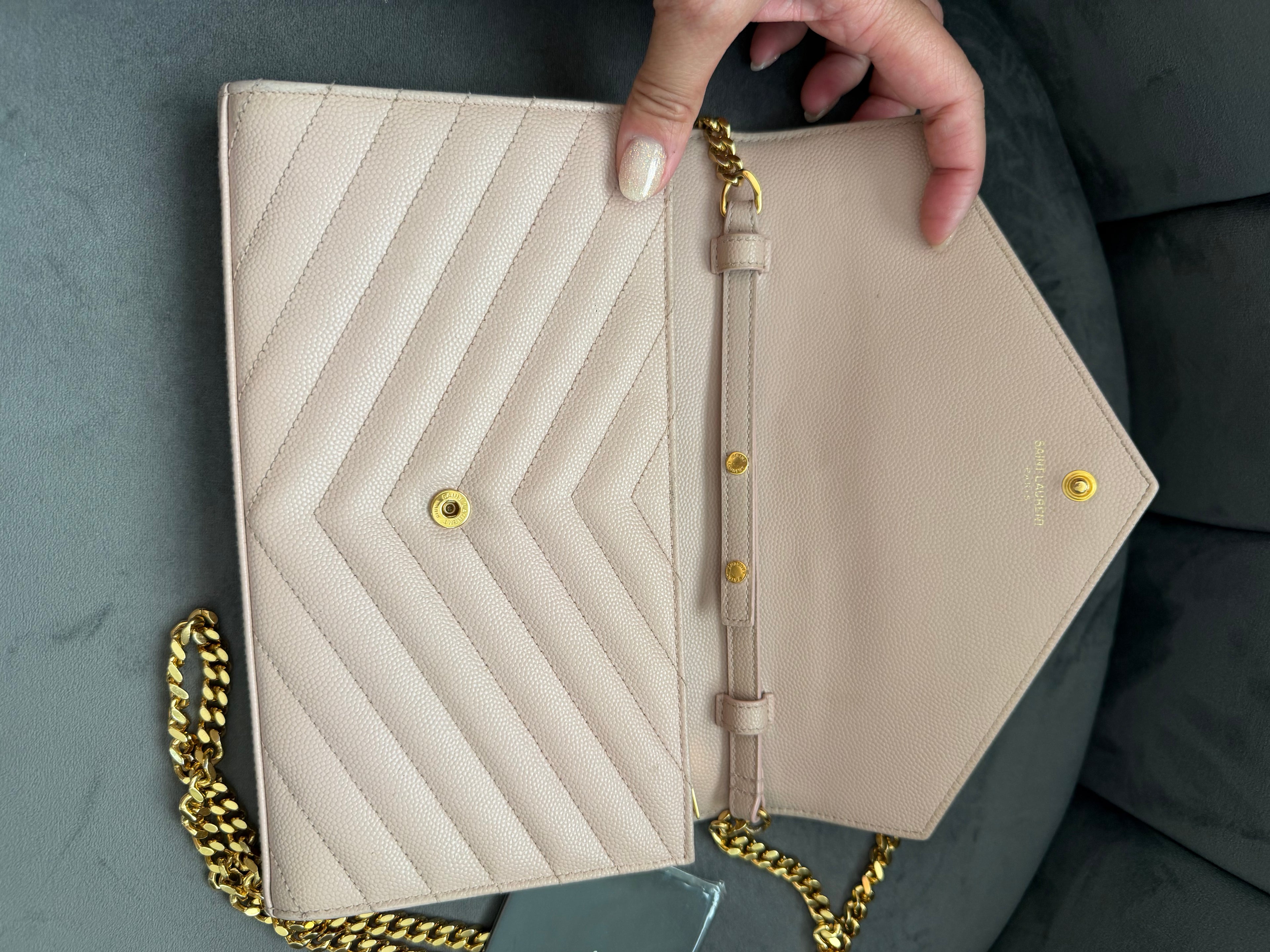 Yves Saint Laurent Cassandre Monogram Bag Blush Pink with Gold wallet on chain