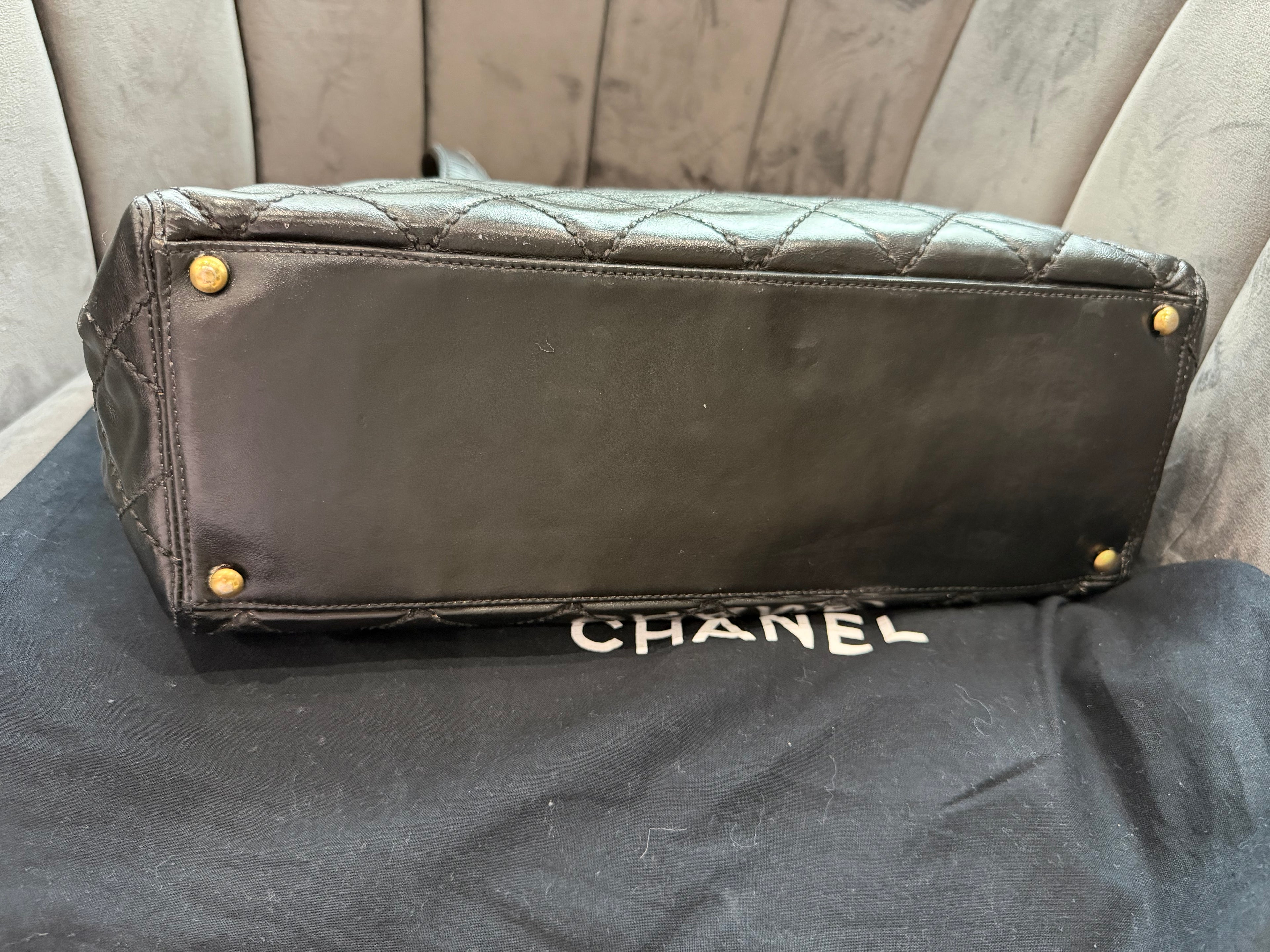Vintage Chanel Shopper Tote Black Quilted with Gold Accent