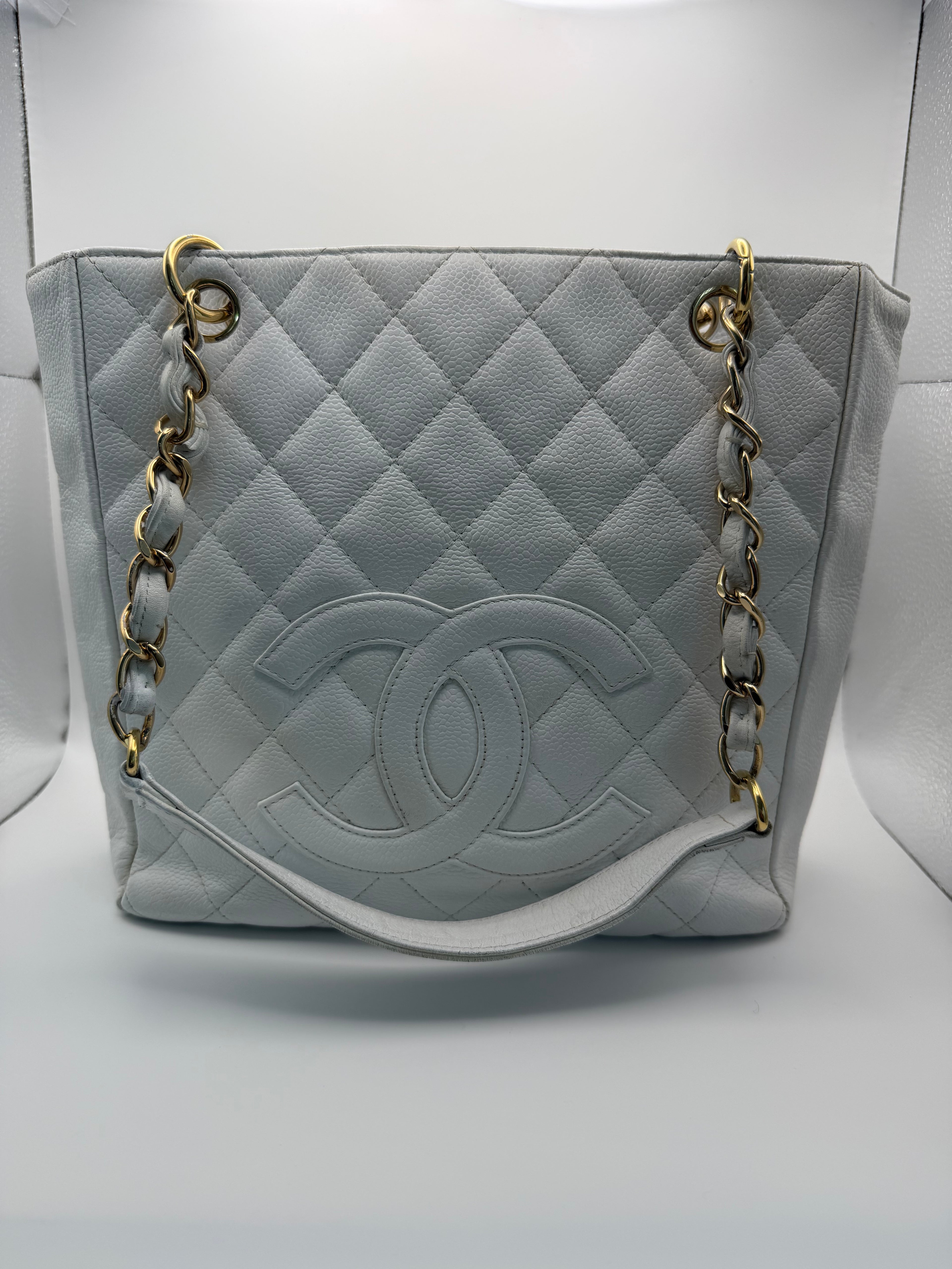 CHANEL Vintage Ivory Caviar Quilted Petite Shopping Tote PST