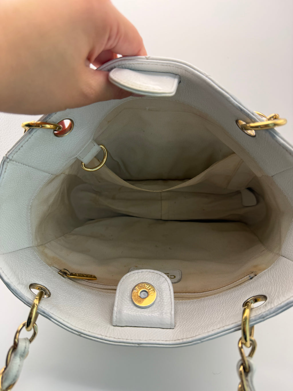 CHANEL Vintage Ivory Caviar Quilted Petite Shopping Tote PST