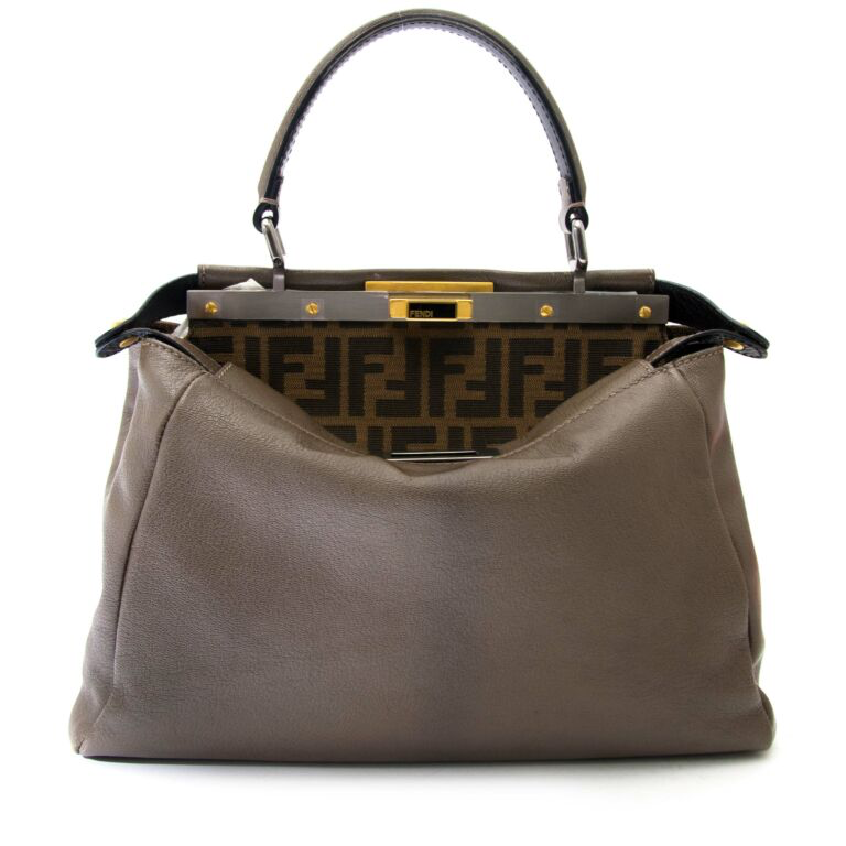 Fendi Peekaboo Shoulder Bag Medium Gray Leather FF Zucca Interior Gold Hardware