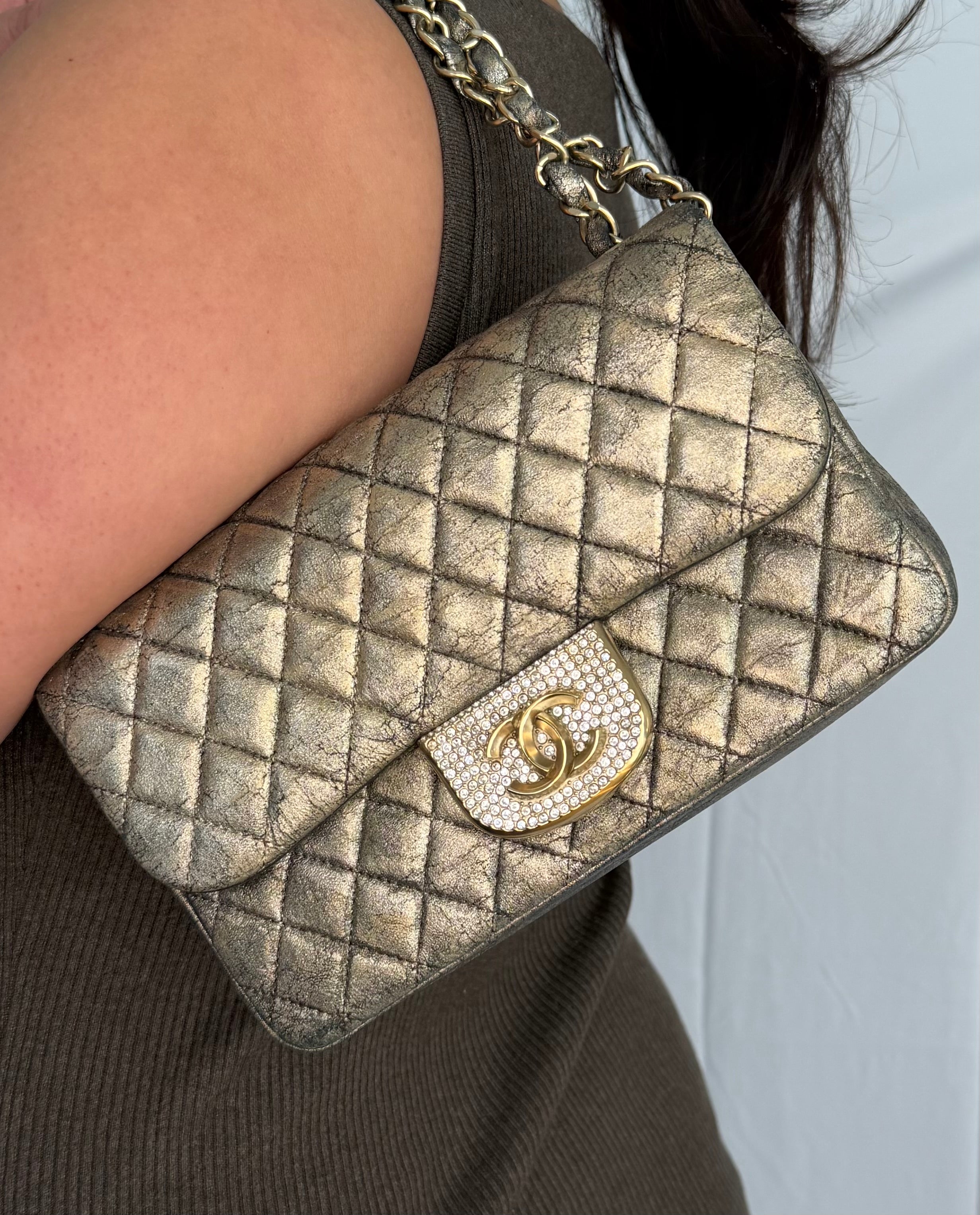 CHANEL Metallic Iridescent Gold Small Single Flap Shouler Bag Crystal CC Lock