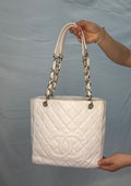 CHANEL Vintage Ivory Caviar Quilted Petite Shopping Tote PST