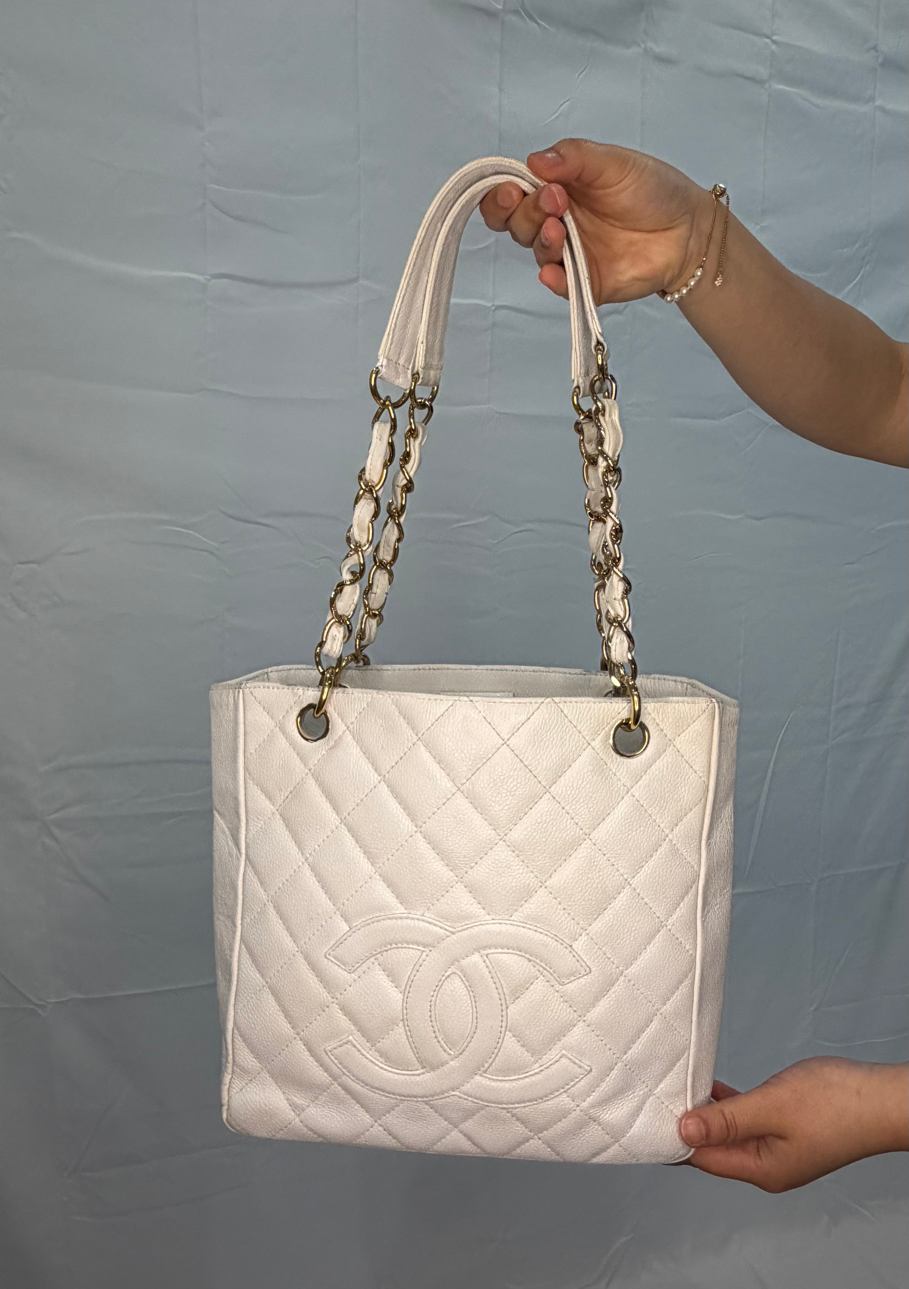 CHANEL Vintage Ivory Caviar Quilted Petite Shopping Tote PST