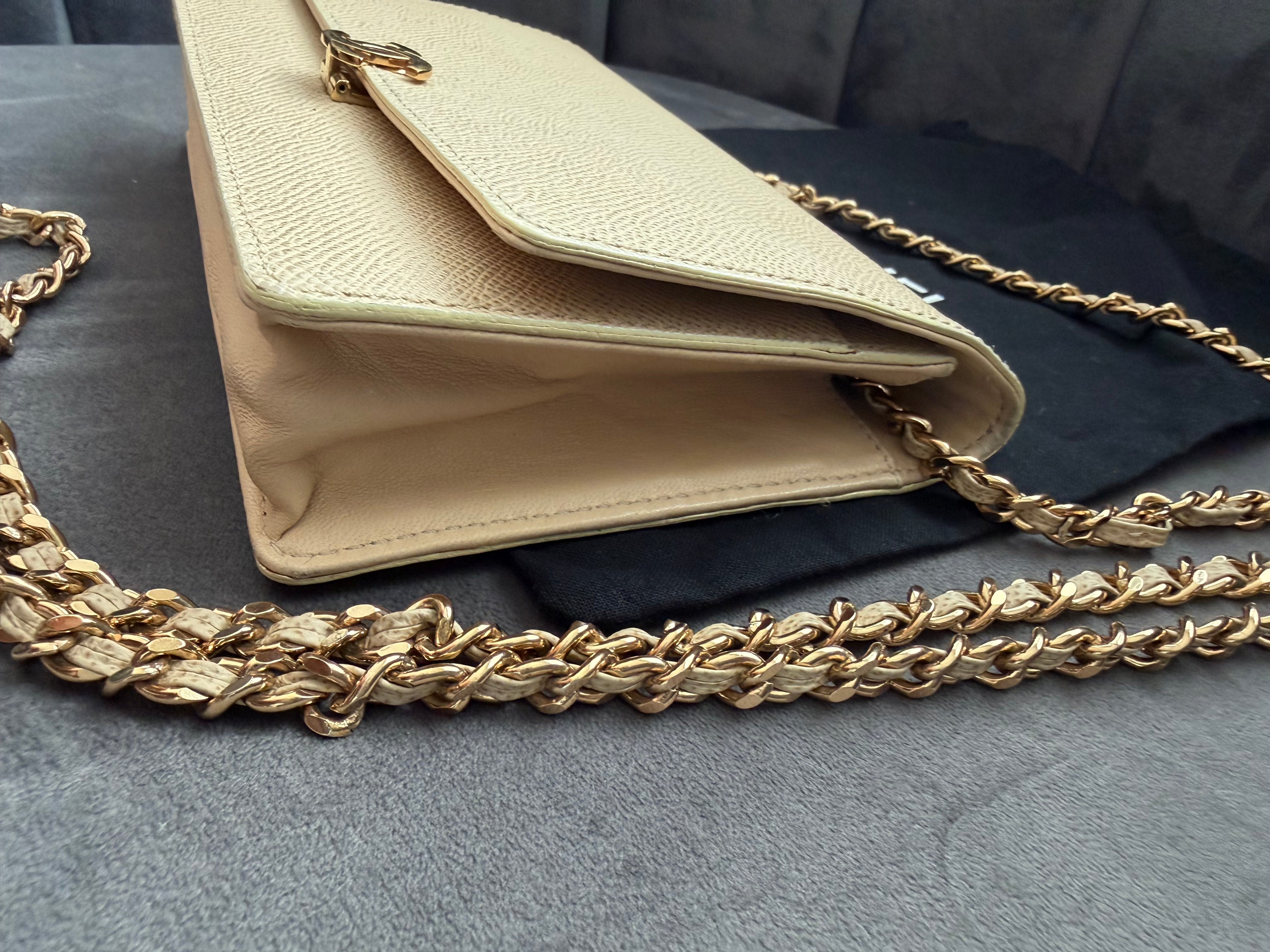 Chanel Vintage Beige wallet on chain crossbody bag with gold hardware caviar