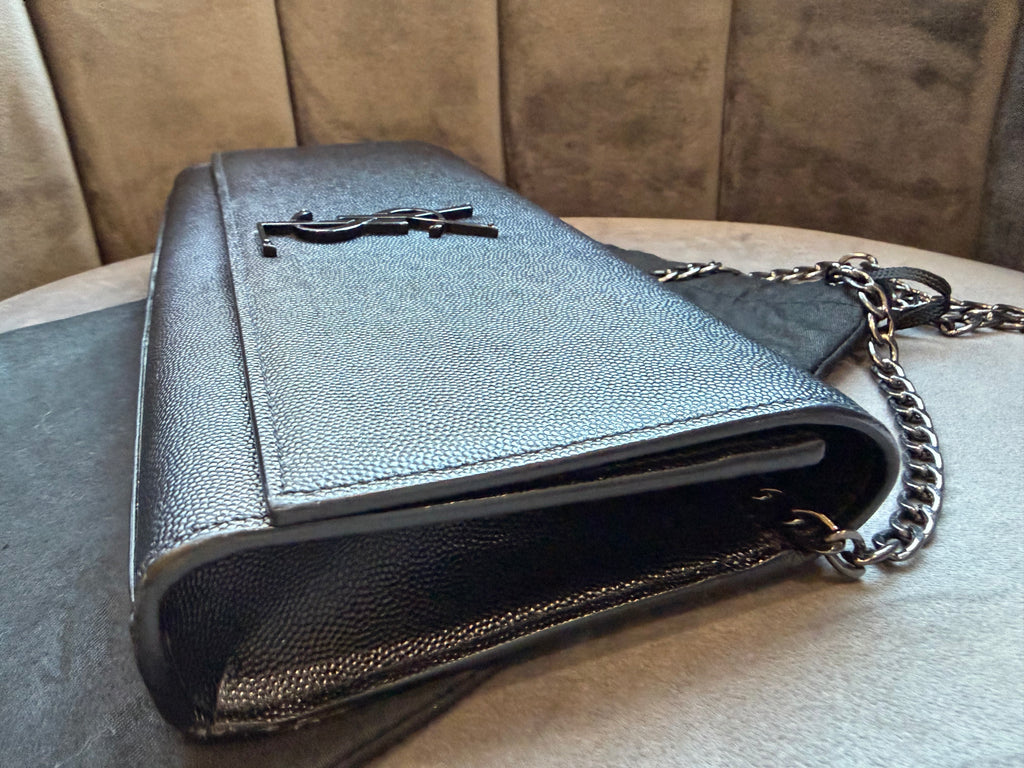 SAINT LAURENT Grain De Poudre Medium Clutch Classic Monogram Kate Satchel Black