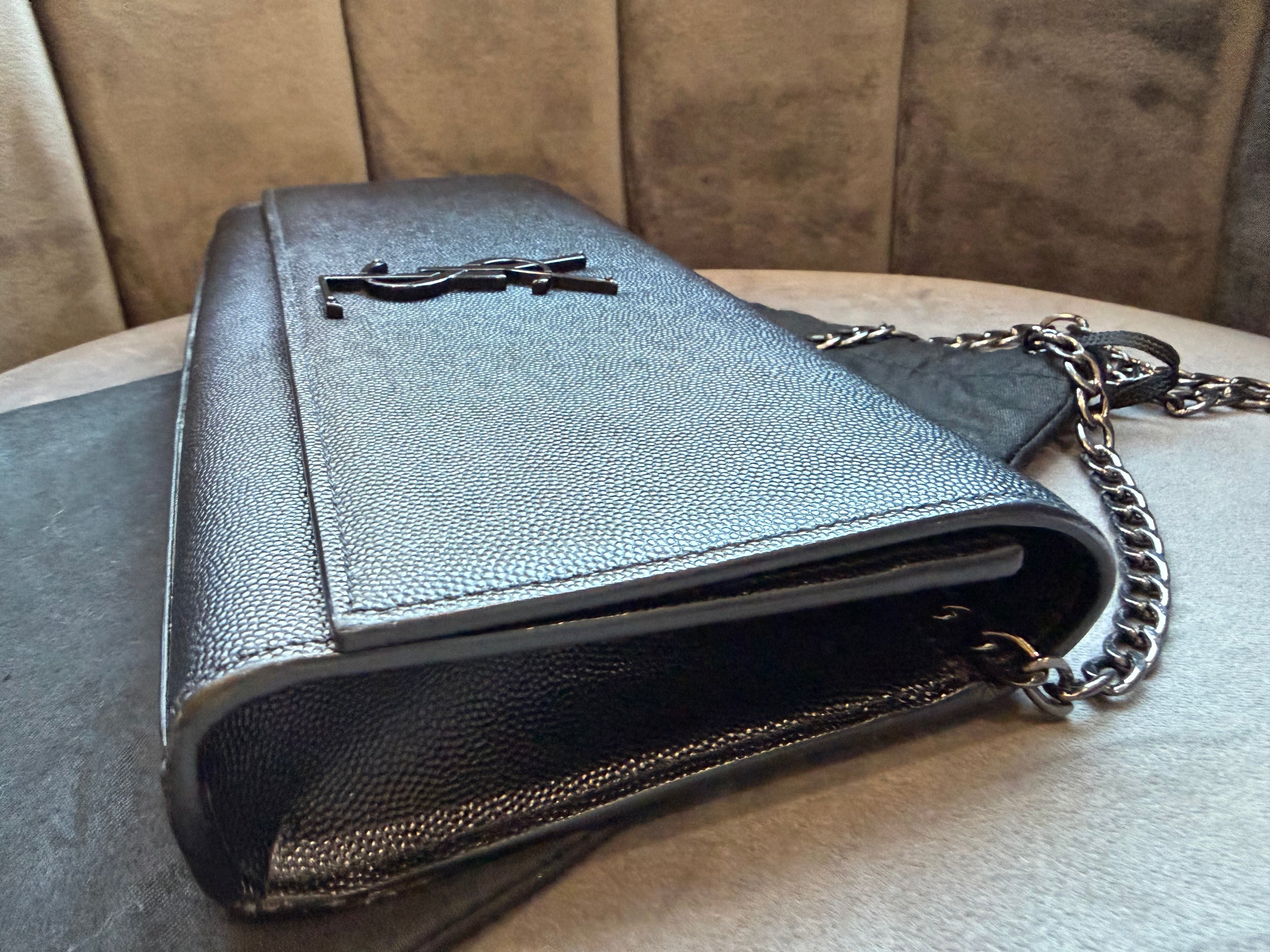 SAINT LAURENT Grain De Poudre Medium Clutch Classic Monogram Kate Satchel Black