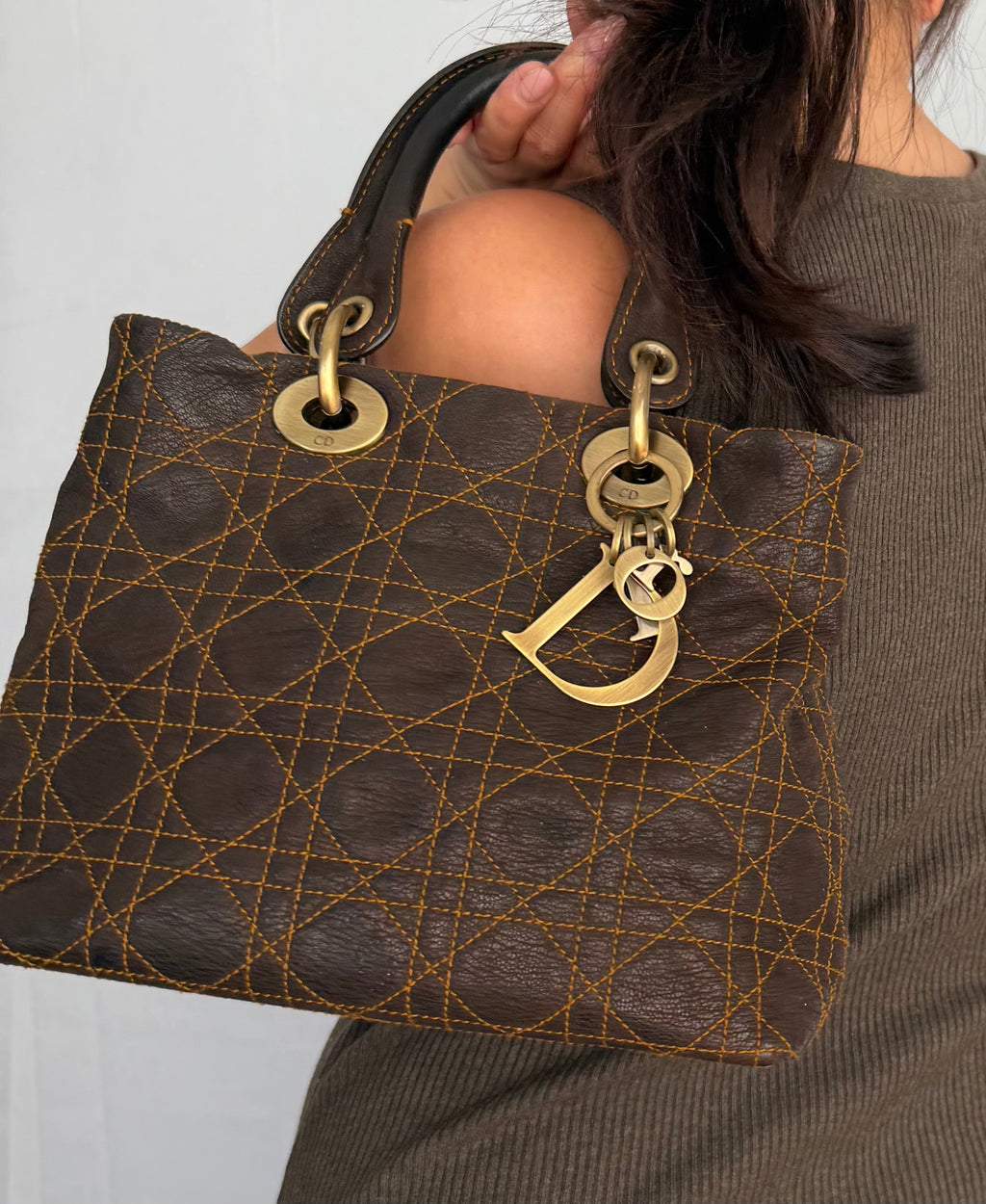 Christian Dior Lady Dior Small Soft Crossbody Bag in Cannage Brown Gold Hardware